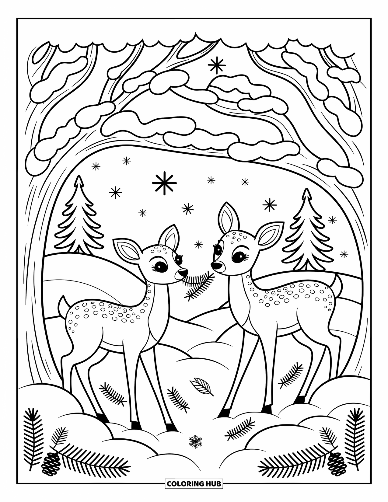 Winter Animal Coloring Page for Adults: A deer nibbles pine while a fawn peeks from behind a snow-covered tree