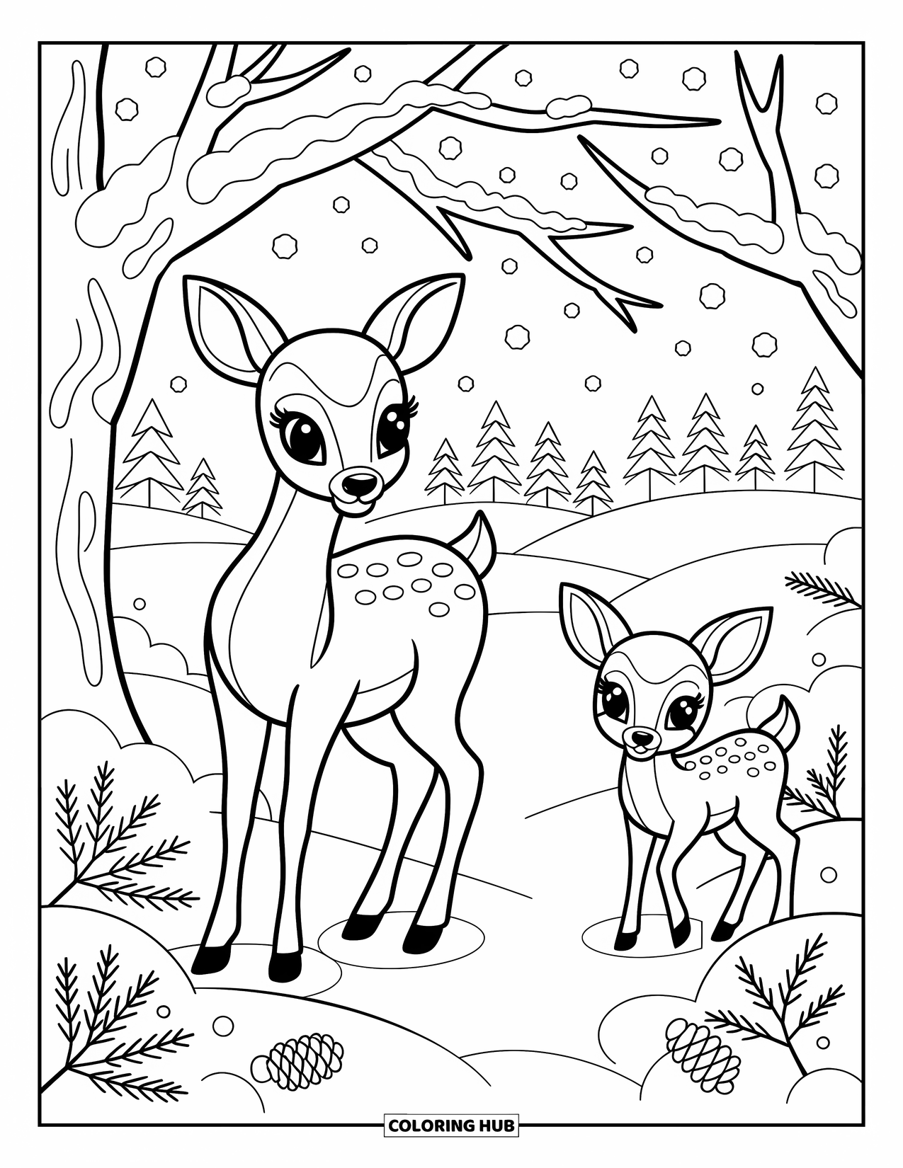 Winter Animal Coloring Page for Adults: Deer and fawn play beneath snowy arching branches and gently falling snowflakes