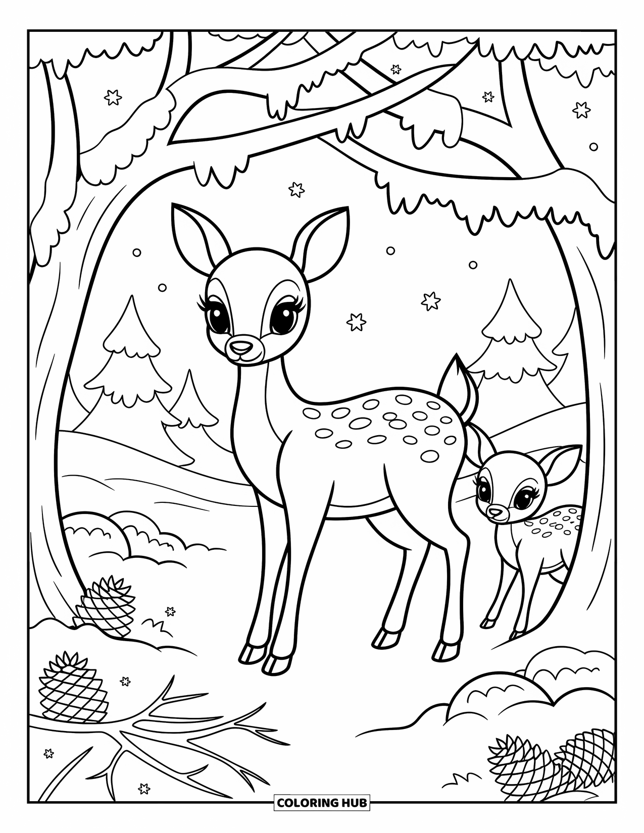 Winter Animal Coloring Page for Adults: Gentle deer and playful fawn stand in a peaceful, snow-covered woodland