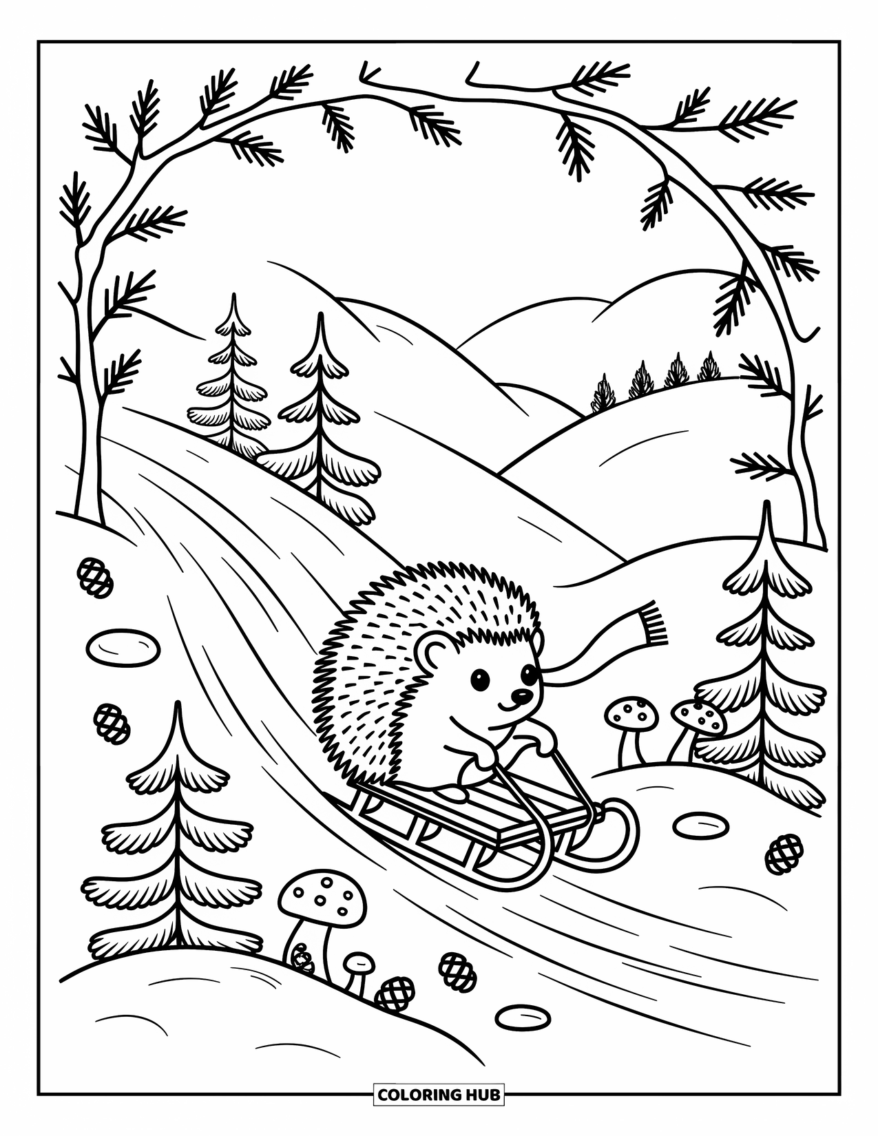 Winter Animal Coloring Page for Adults: Hedgehog rides a sled past snowy pine saplings and curved forest branches