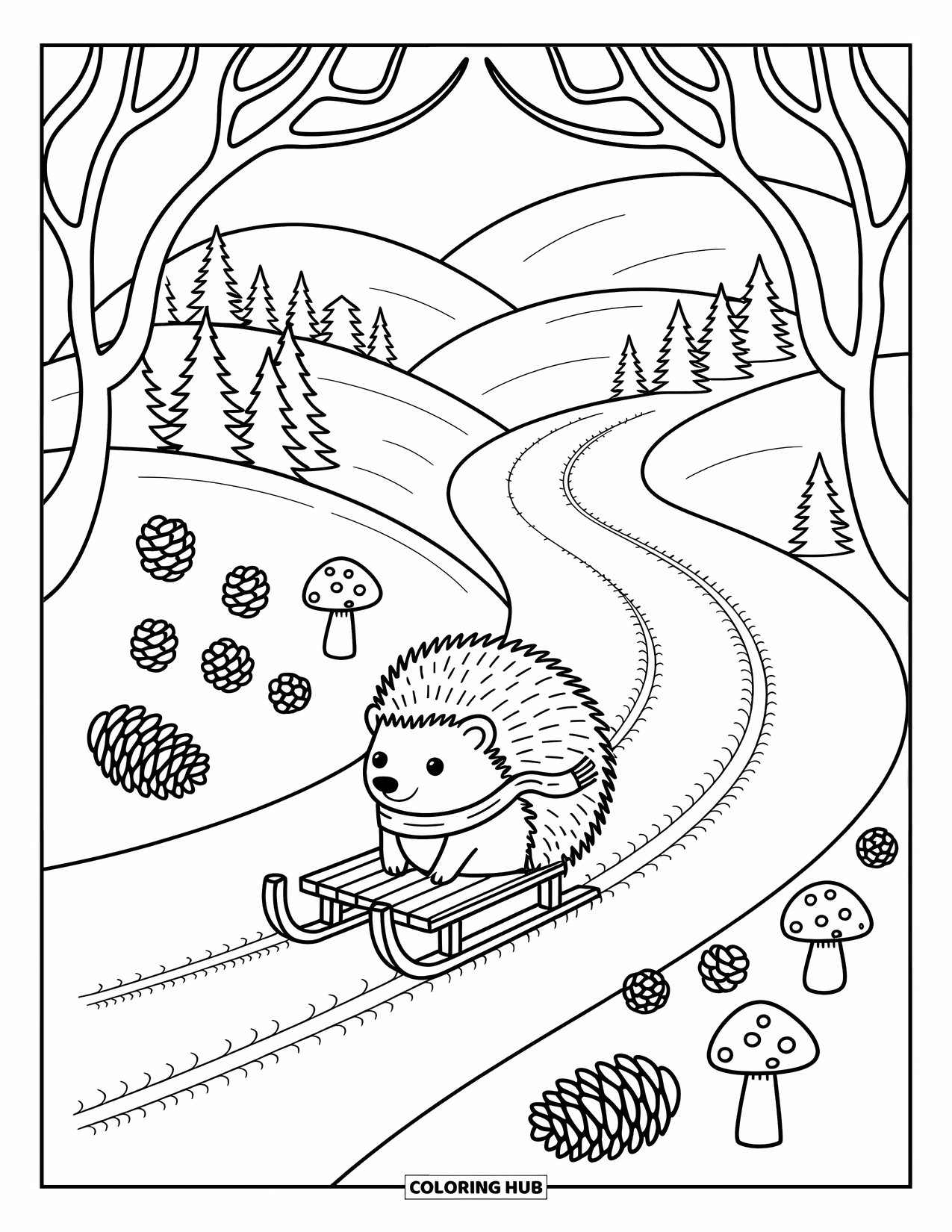 Winter Animal Coloring Page for Adults: Hedgehog sleds through a snowy slope framed by mushrooms and dancing branches