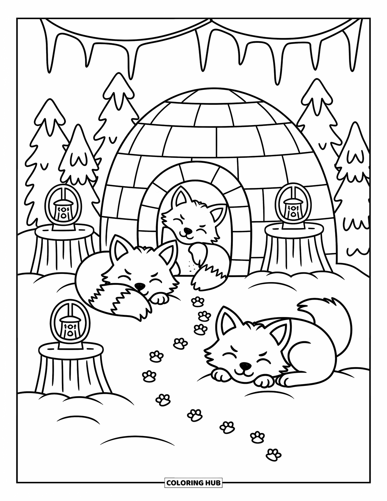 Winter Animal Coloring Page for Adults: One fox peeks from an igloo while another naps on a snowdrift