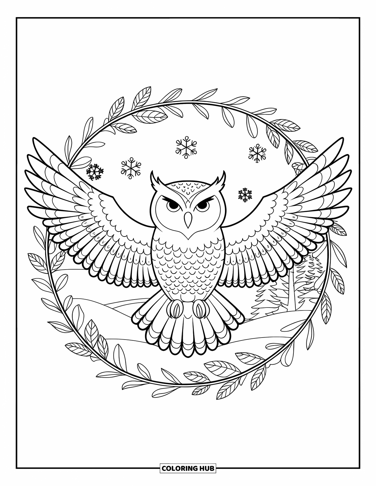 Winter Animal Coloring Page for Adults: Owl with open wings rests inside a snowflake and frosted leaf mandala