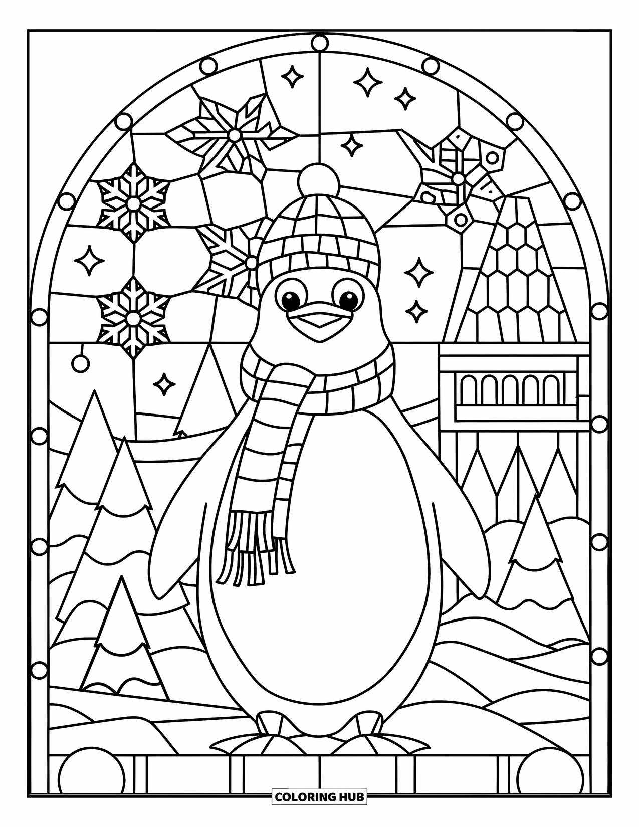 Winter Animal Coloring Page for Adults: Penguin in scarf and hat stands before snowy stained glass and pointed rooftops