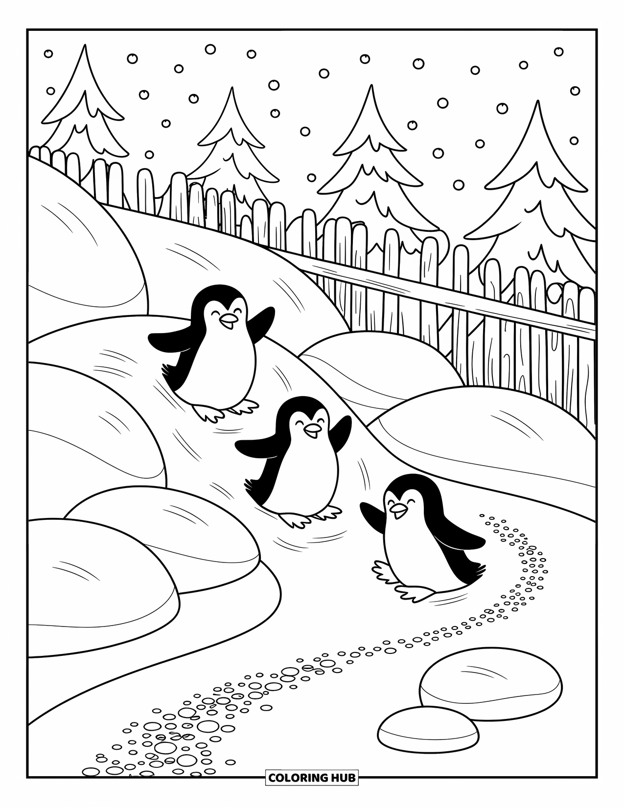 Winter Animal Coloring Page for Adults: Playful penguins slide past snow-covered trees and scattered pebbles