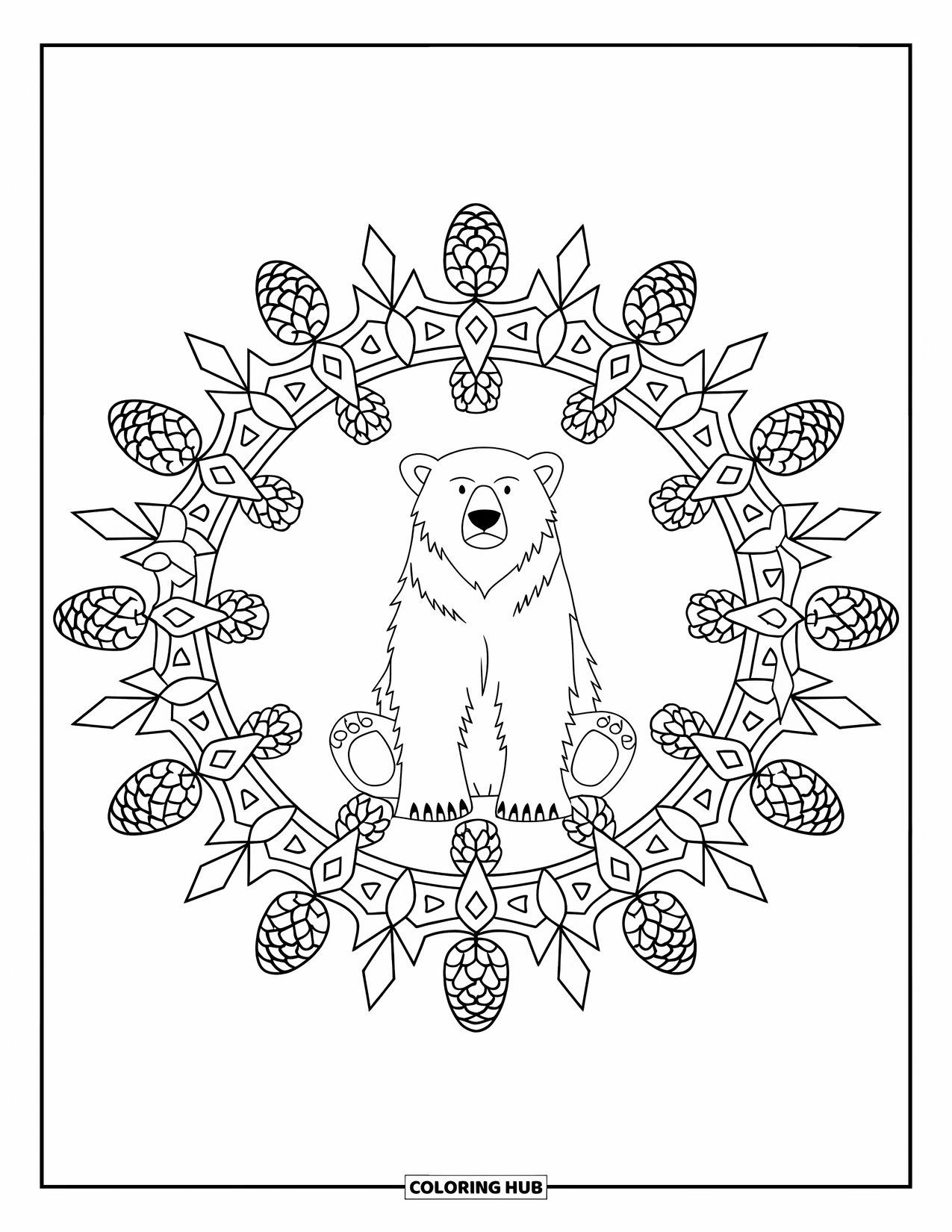 Winter Animal Coloring Page for Adults: Polar bear is centered in a winter mandala of pinecones and icicles