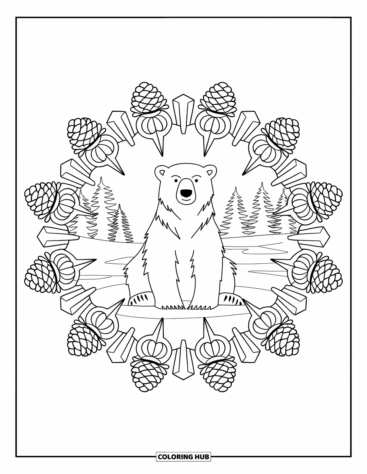 Winter Animal Coloring Page for Adults: Polar bear sits calmly inside a mandala of pinecones and icy details