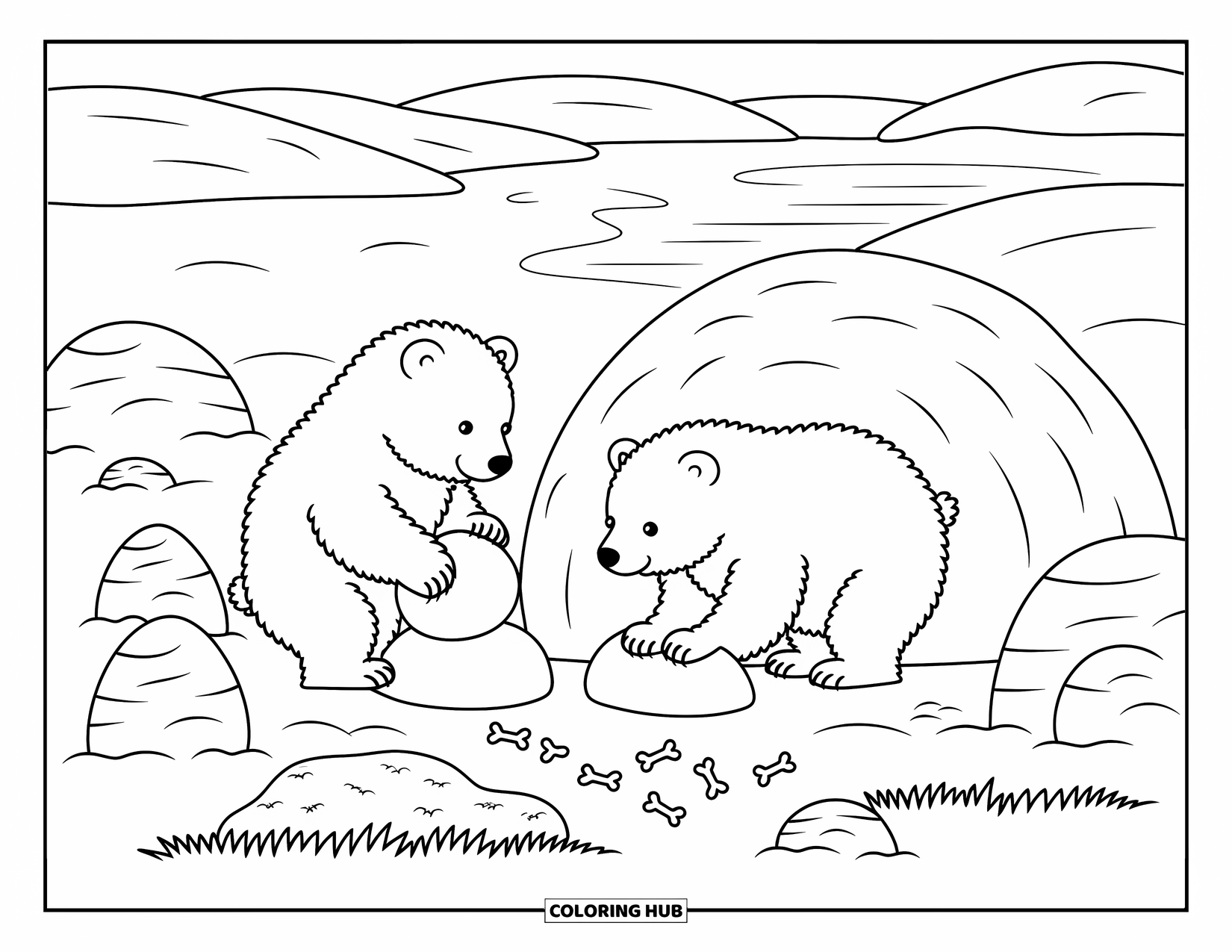 Winter Animal Coloring Page for Adults: Polar bears stack snowballs and shape a snow den under a wintry sky
