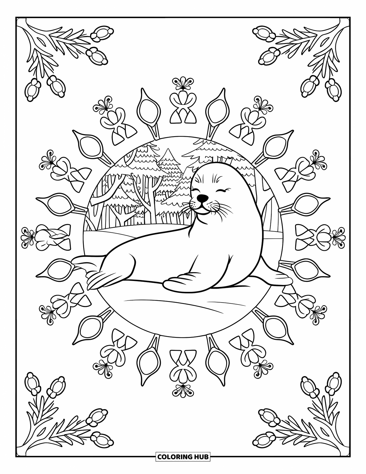 Winter Animal Coloring Page for Adults: Seal lies in snow surrounded by snowy trees and a delicate winter mandala