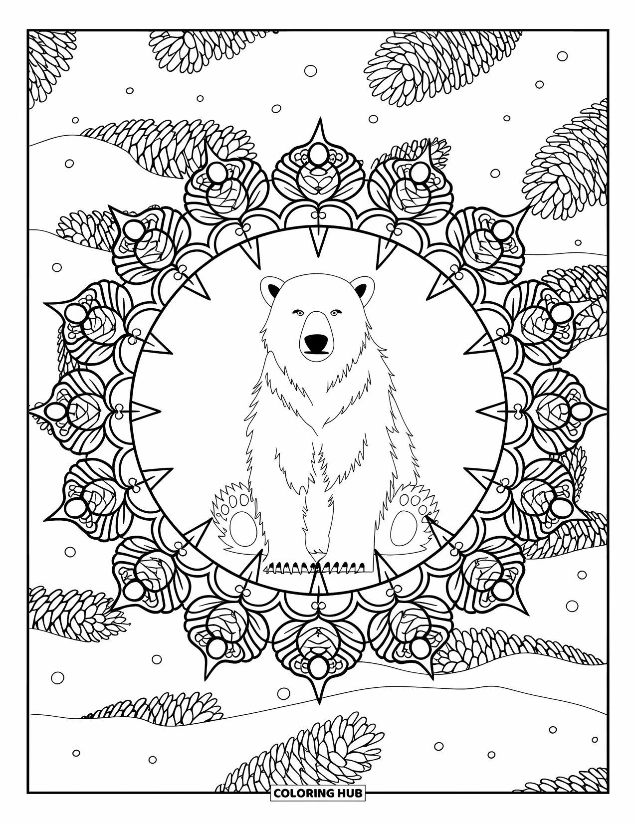 Winter Animal Coloring Page for Adults: Sitting polar bear is framed by pinecones and icicles in a circular mandala