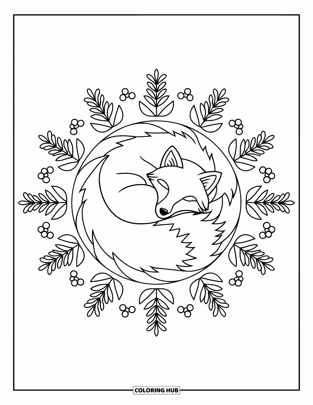 Winter Animal Coloring Page for Adults: Sleeping arctic fox is curled up within a mandala of berries and sprigs