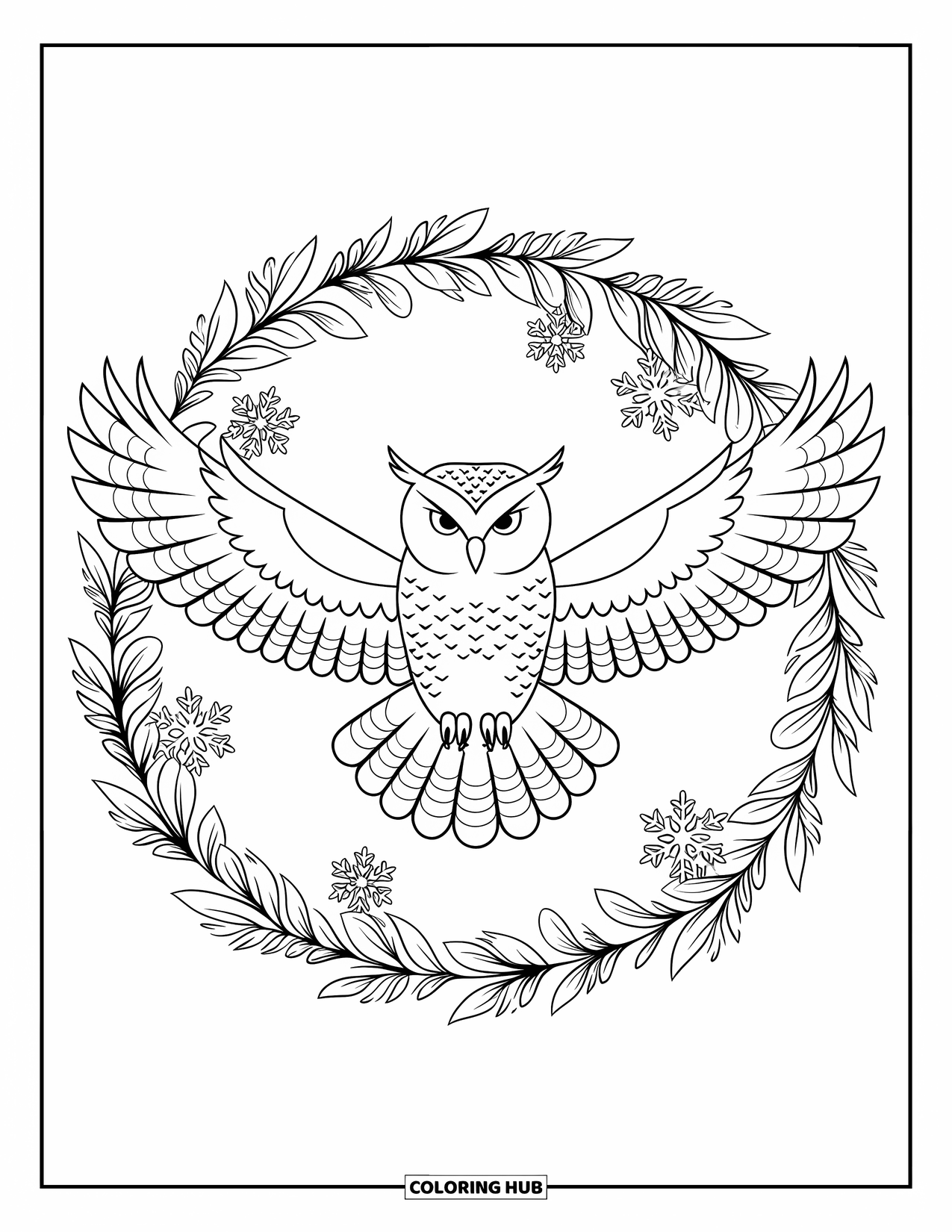 Winter Animal Coloring Page for Adults: Snowy owl spreads its wings in a frosty frame of snowflakes and leaves