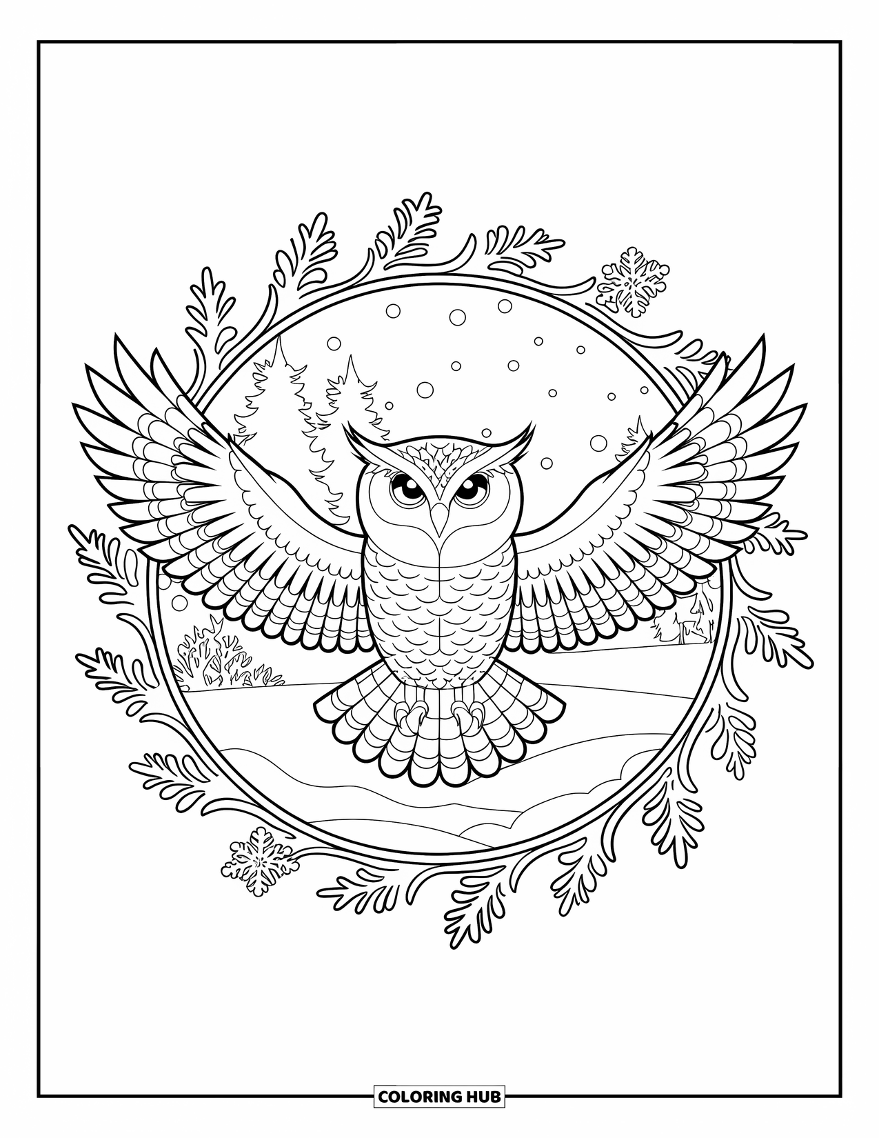 Winter Animal Coloring Page for Adults: Snowy owl spreads its wings in a winter frame of snowflakes and leaves