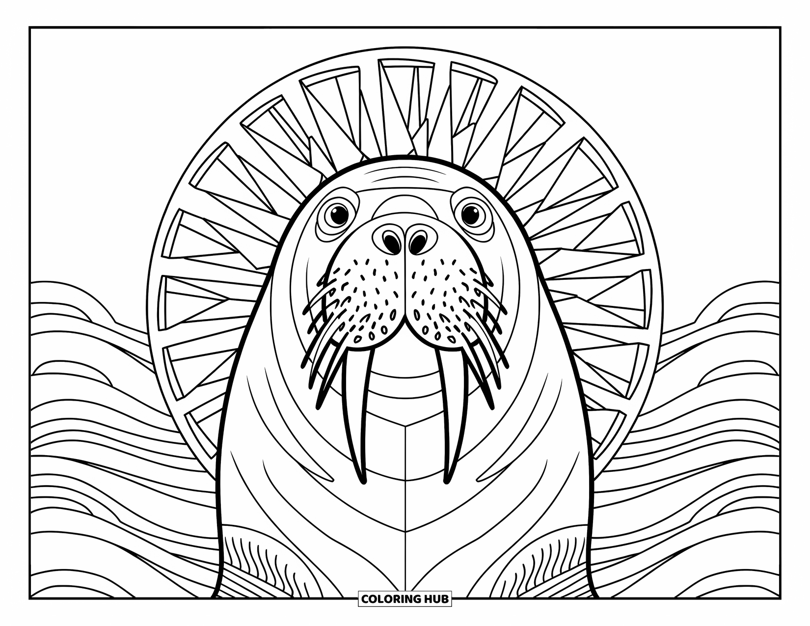 Winter Animal Coloring Page for Adults: Walrus faces forward surrounded by icy waves in a detailed winter mandala