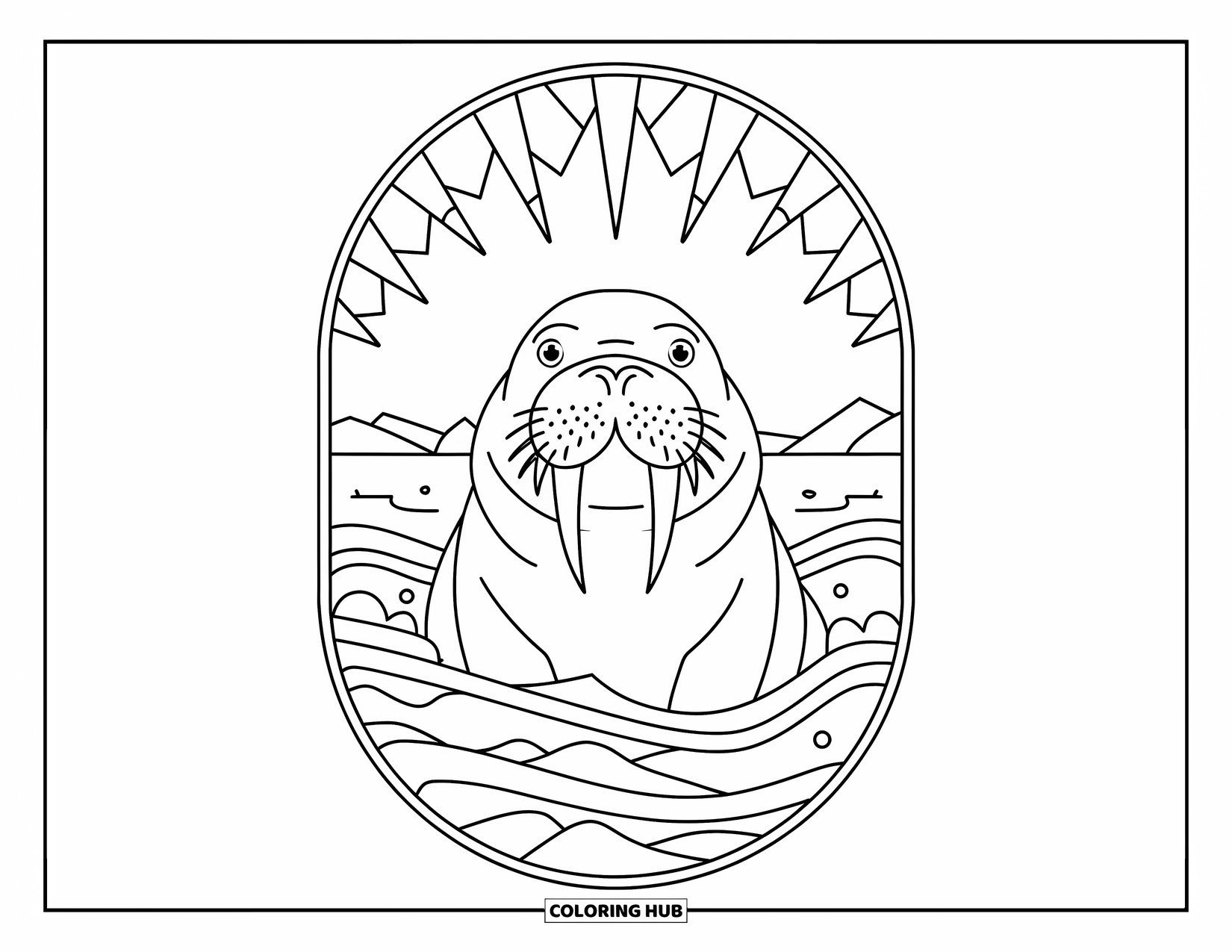 Winter Animal Coloring Page for Adults: Walrus rests in an oval mandala of frozen waves and snowy peaks