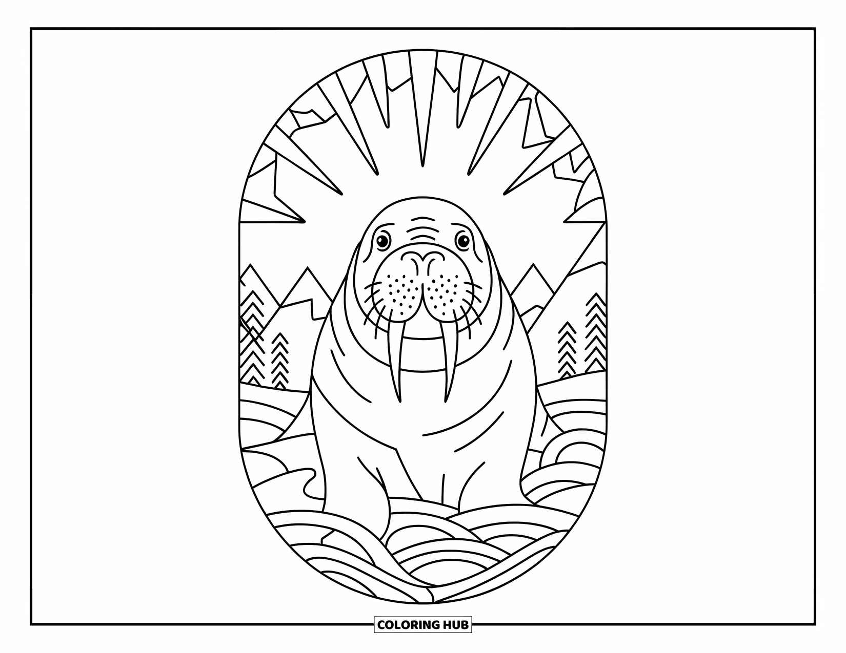 Winter Animal Coloring Page for Adults: Walrus sits forward in a mandala of icy waves and winter mountains