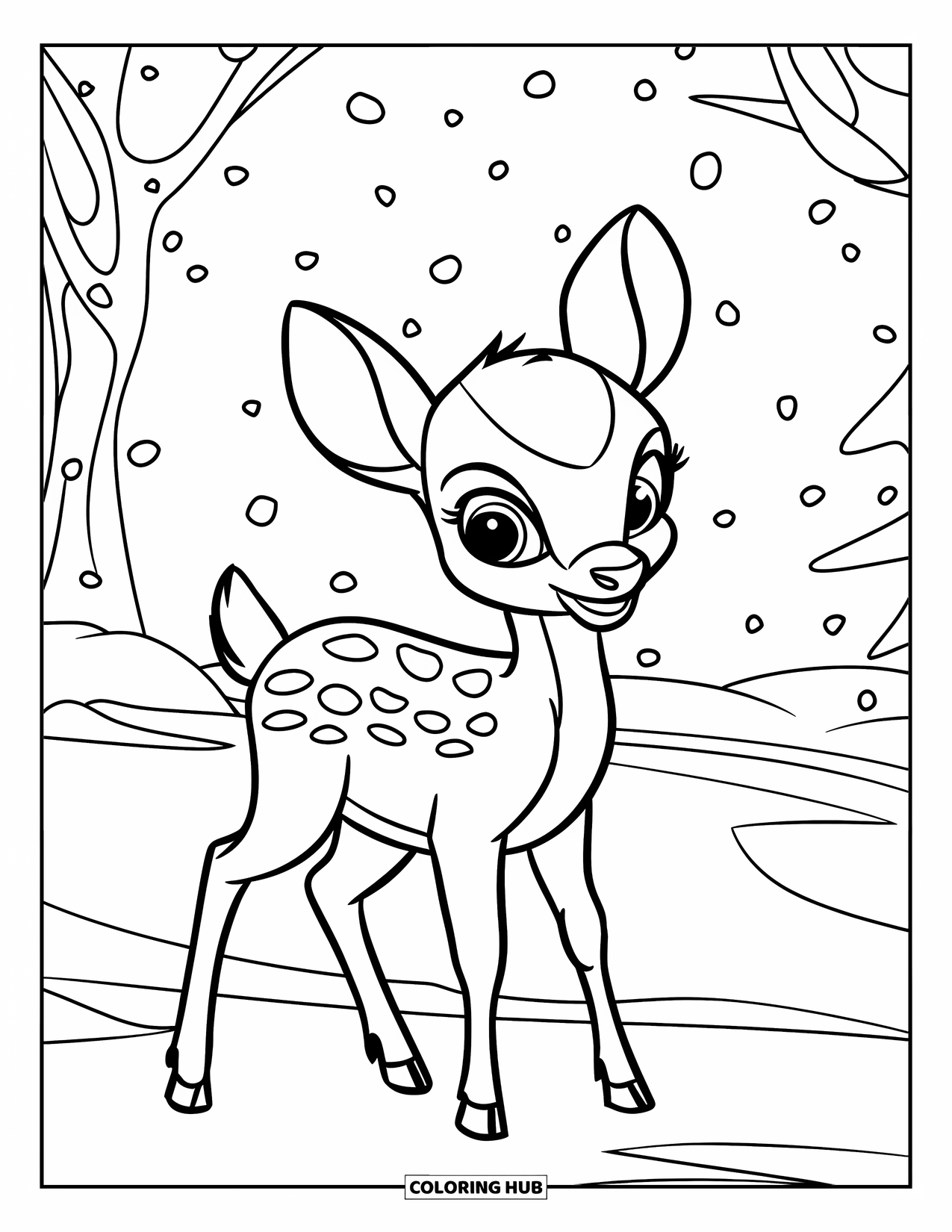 Winter Animal Coloring Page for Kids: Baby deer stands quietly on a snowy forest path in winter