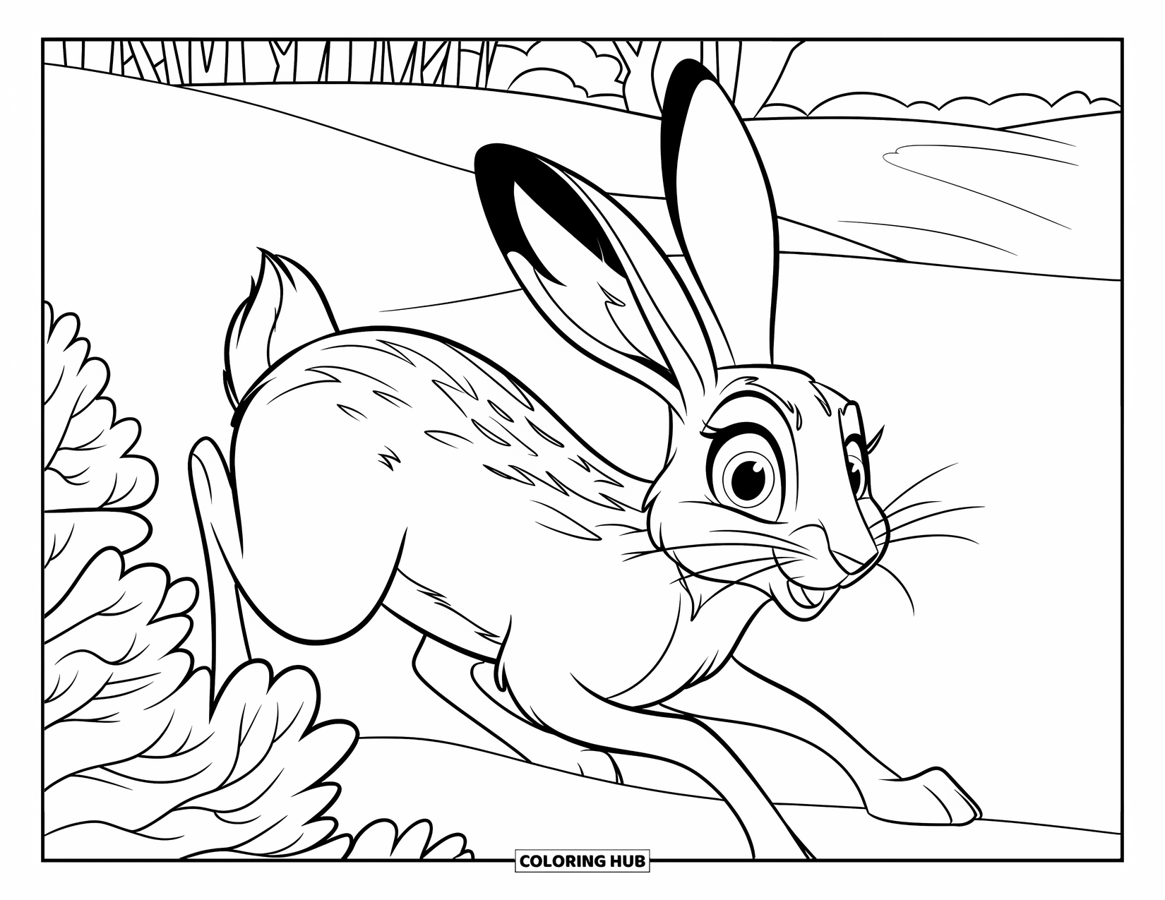 Winter Animal Coloring Page for Kids: Big-eyed hare sprints across snowy hills and winter trees
