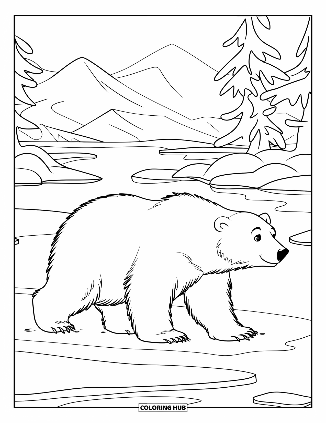 Winter Animal Coloring Page for Kids: Fluffy polar bear walks over ice surrounded by snow and tall trees