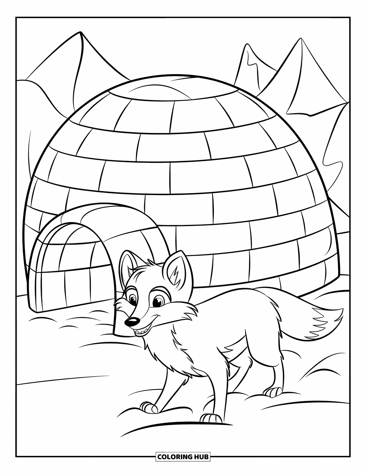 Winter Animal Coloring Page for Kids: Fluffy-tailed fox walks past a round snowy igloo under the mountains
