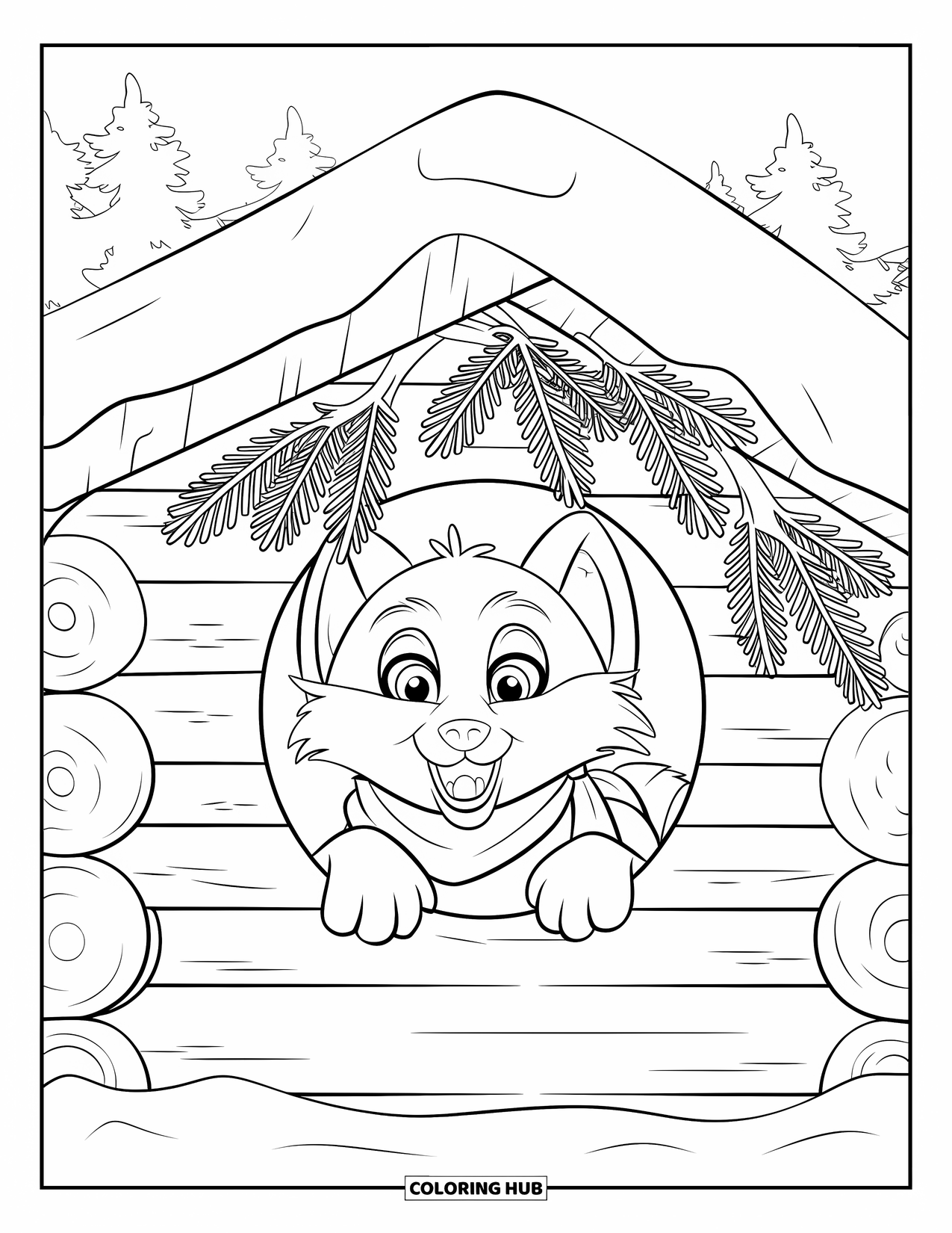 Winter Animal Coloring Page for Kids: Fox in red scarf peeks from log den under pine branches