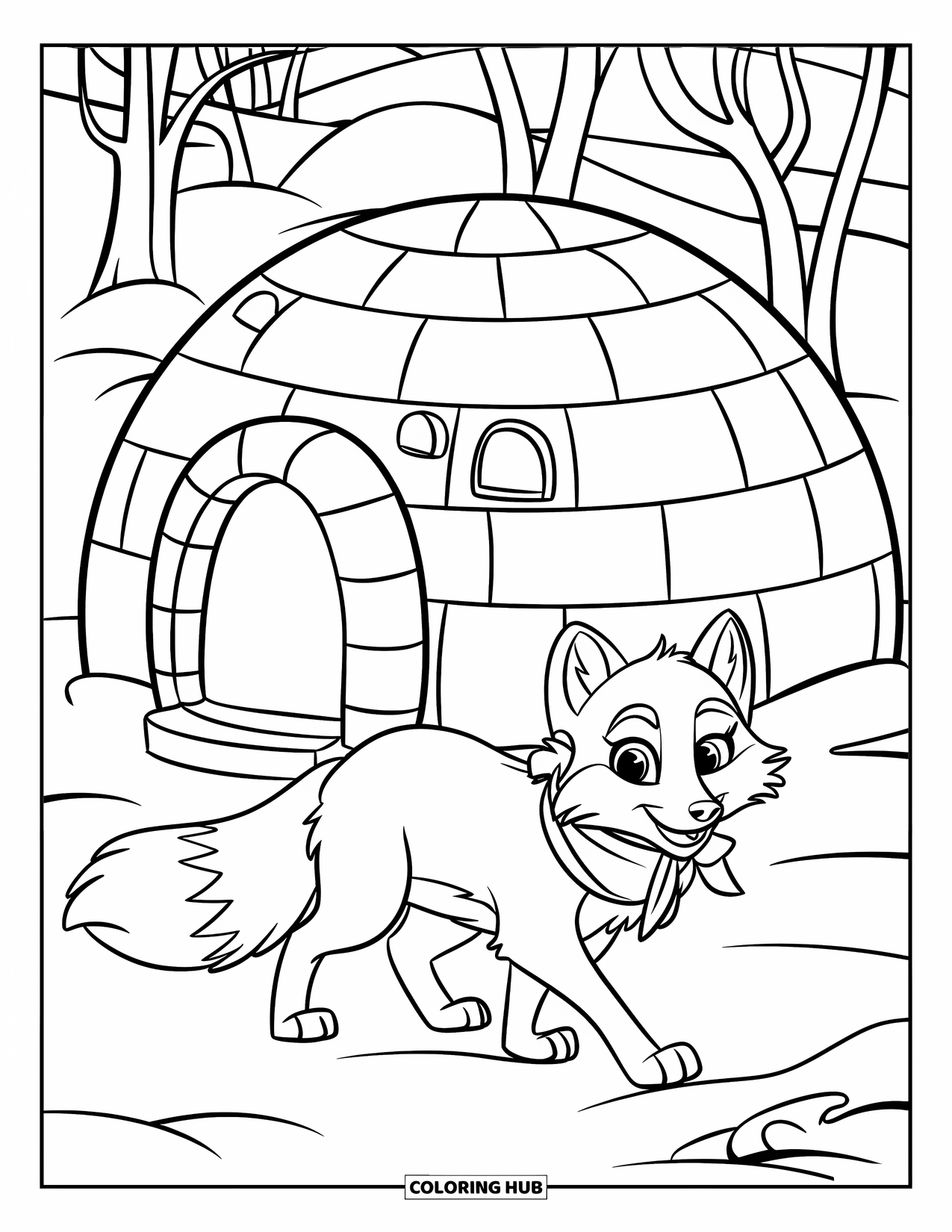 Winter Animal Coloring Page for Kids: Fox in scarf walks near a snowy igloo and a few bare trees