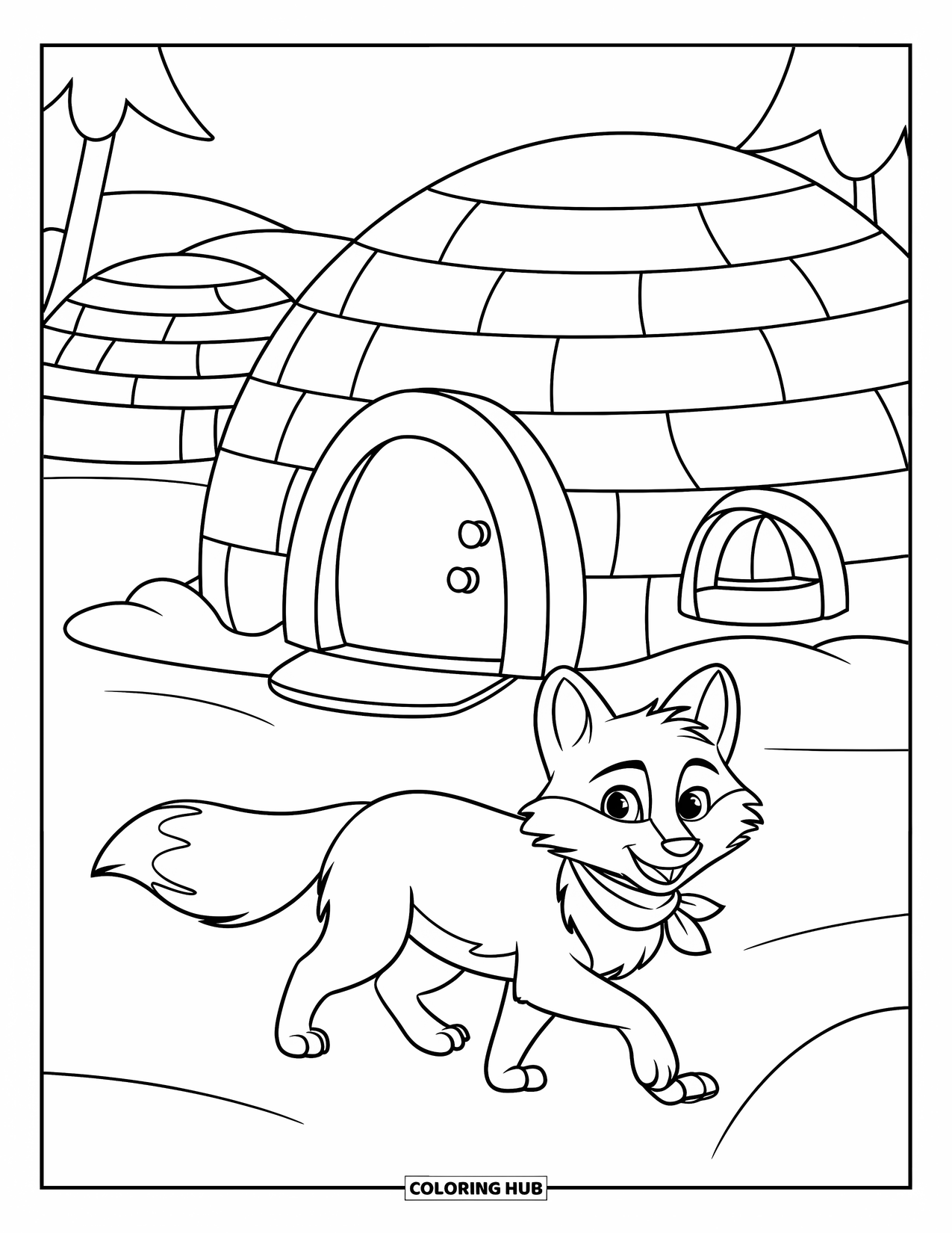 Winter Animal Coloring Page for Kids: Fox in scarf walks through snow near igloos and snowy trees