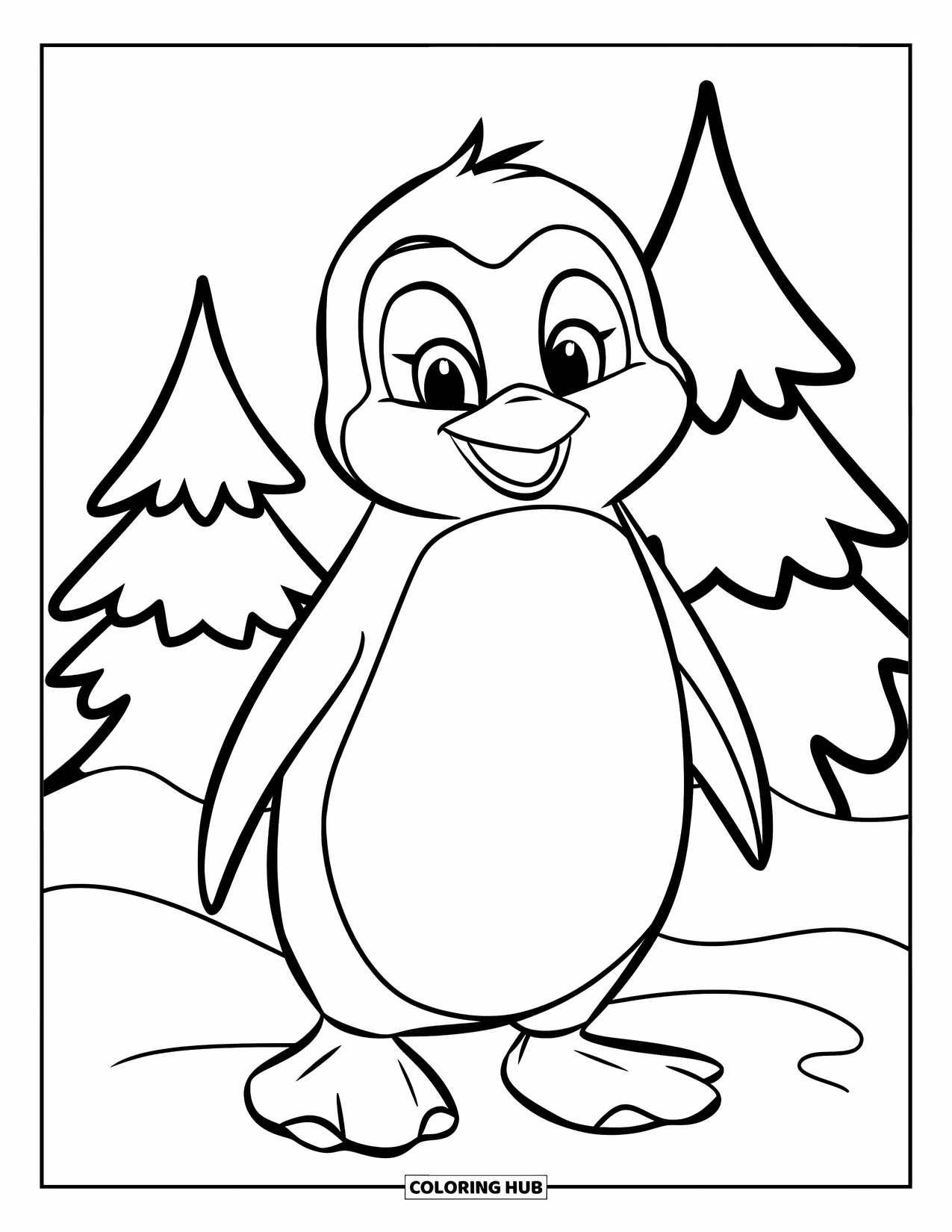 Winter Animal Coloring Page for Kids: Happy penguin stands in snow beside pine trees with a cheerful vibe