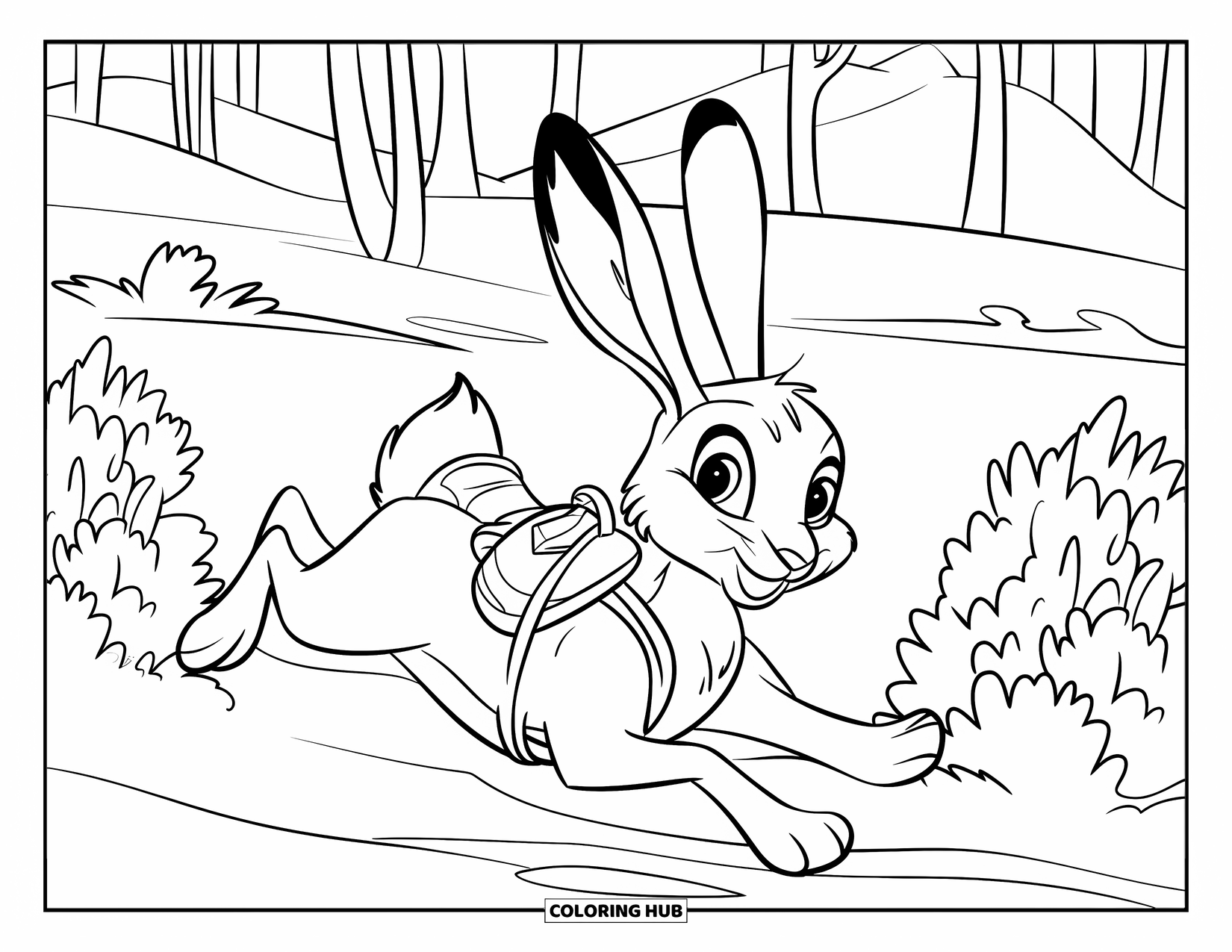Winter Animal Coloring Page for Kids: Hare with a hat and backpack dashes through snow toward the mountains