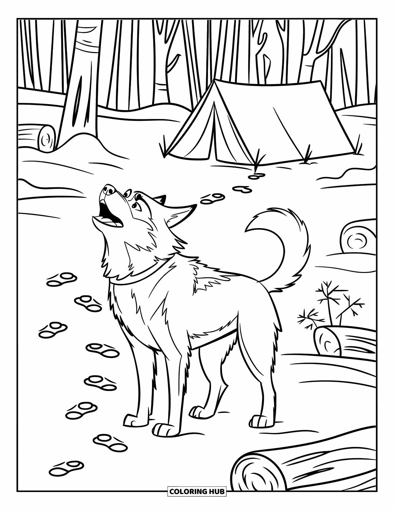 Winter Animal Coloring Page for Kids: Husky howls beside a snowy campsite with logs and footprints