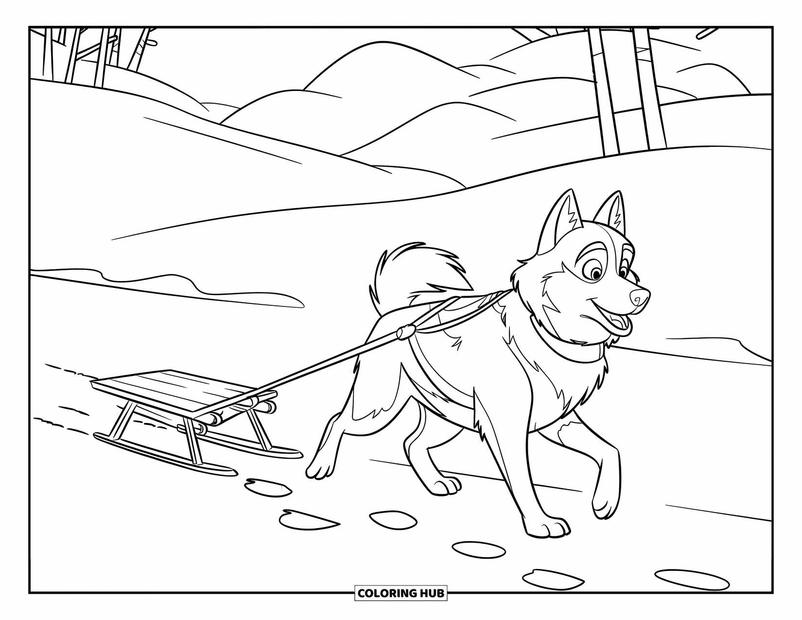 Winter Animal Coloring Page for Kids: Husky pulls a sled through the snow past trees and mountains