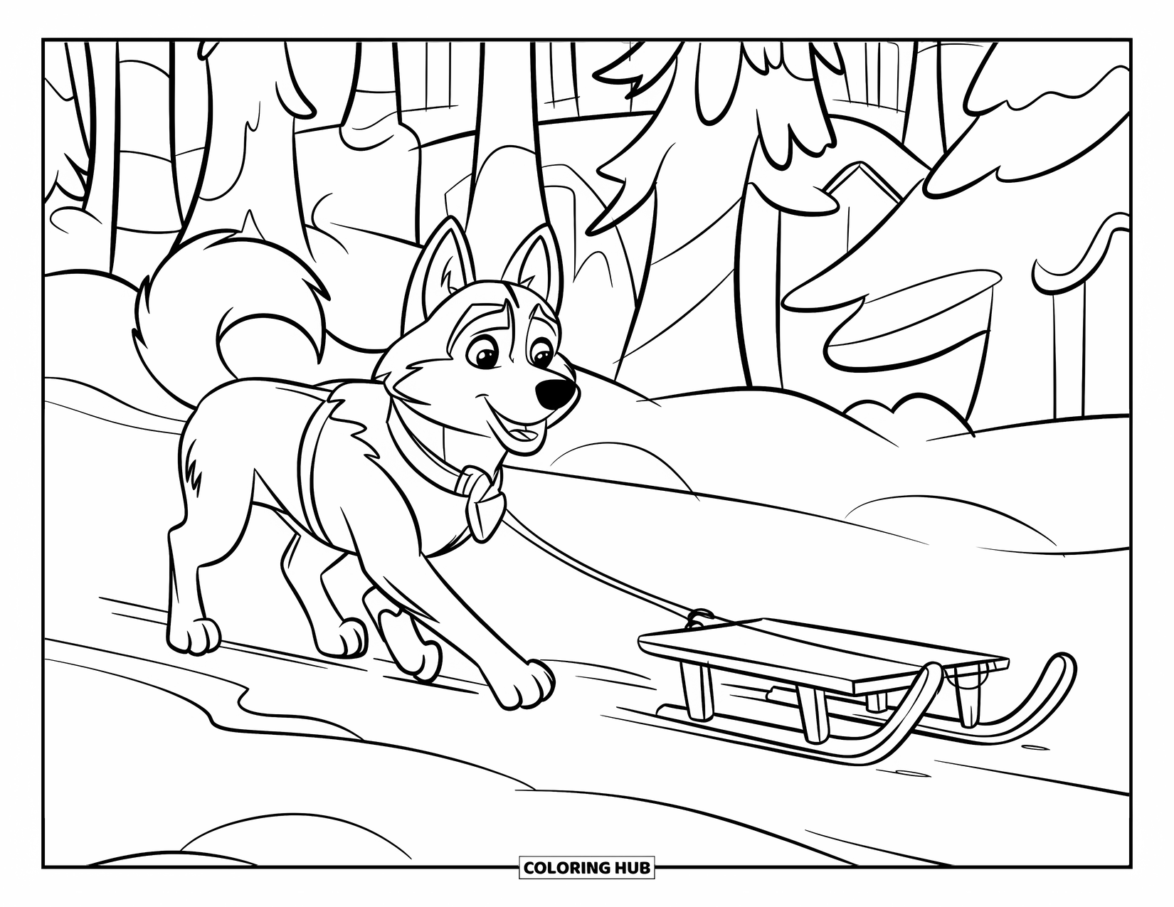 Winter Animal Coloring Page for Kids: Husky with colorful collar pulls sled near trees and buildings