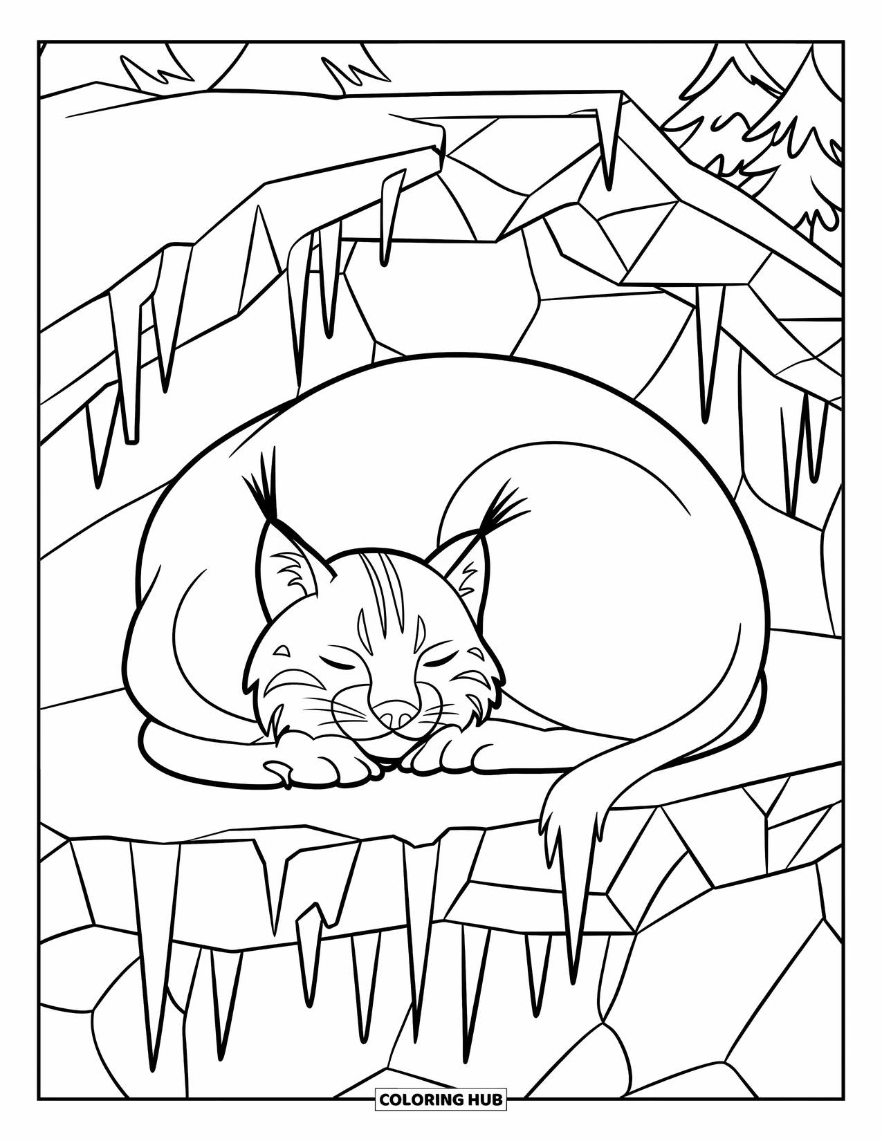 Winter Animal Coloring Page for Kids: Lynx curls up on a snowy rock ledge for a cozy nap