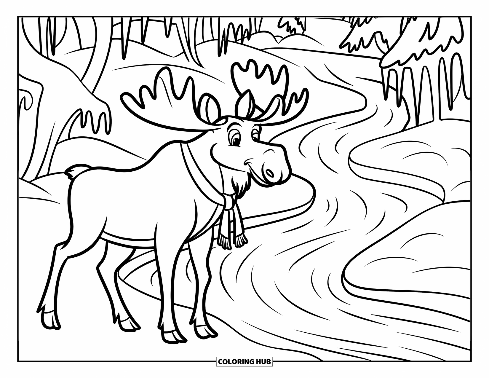 Winter Animal Coloring Page for Kids: Moose with red scarf stands near frozen stream and snowy trees