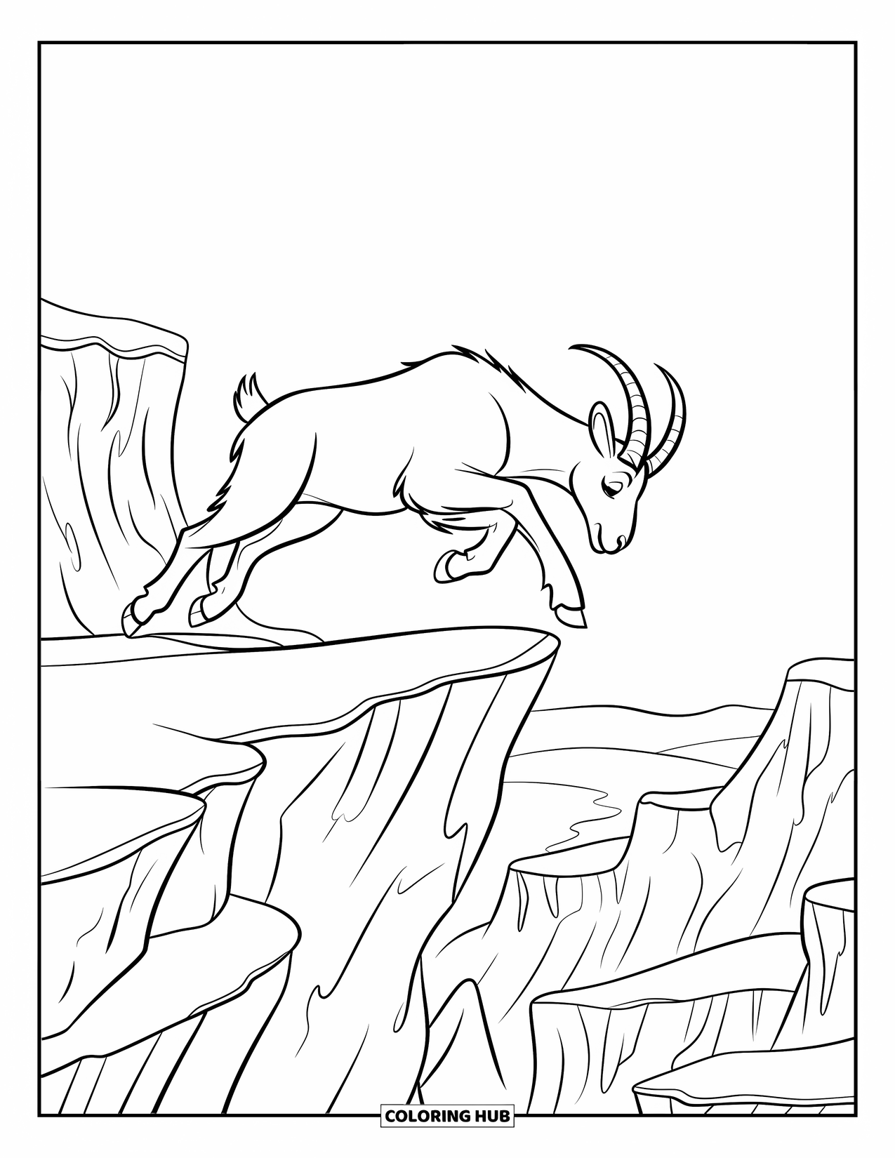 Winter Animal Coloring Page for Kids: Mountain goat leaps mid-air across snowy cliffs and winter sky