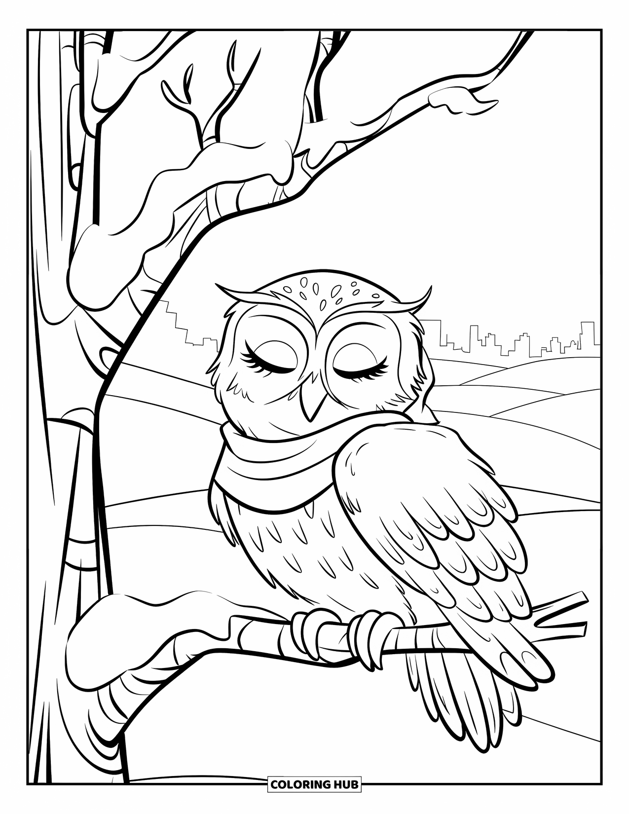 Winter Animal Coloring Page for Kids: Owl in scarf naps on a snow-covered branch above quiet hills