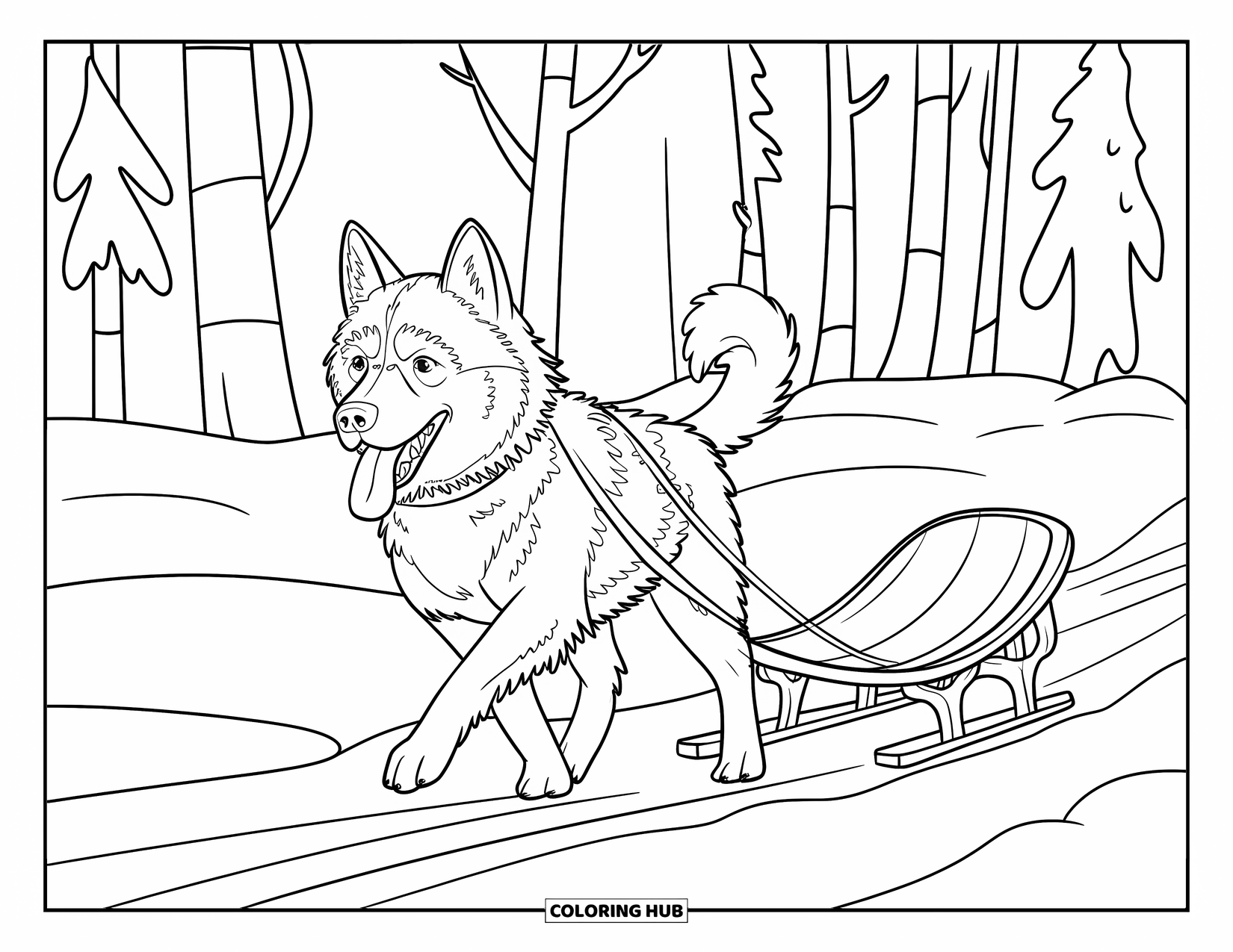 Winter Animal Coloring Page for Kids: Panting husky pulls a wooden sled through snowy forest
