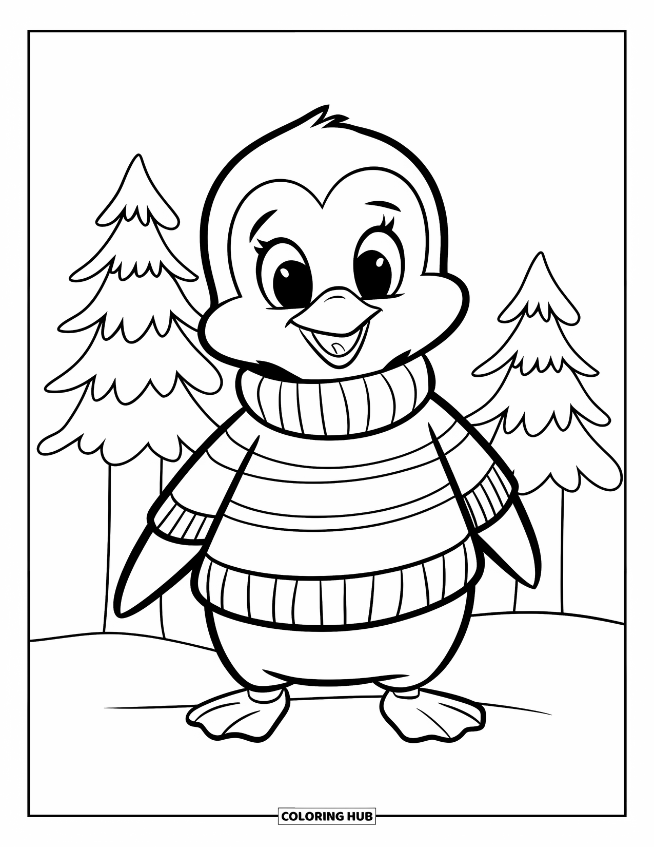 Winter Animal Coloring Page for Kids: Penguin in sweater stands in snow beside two small pine trees