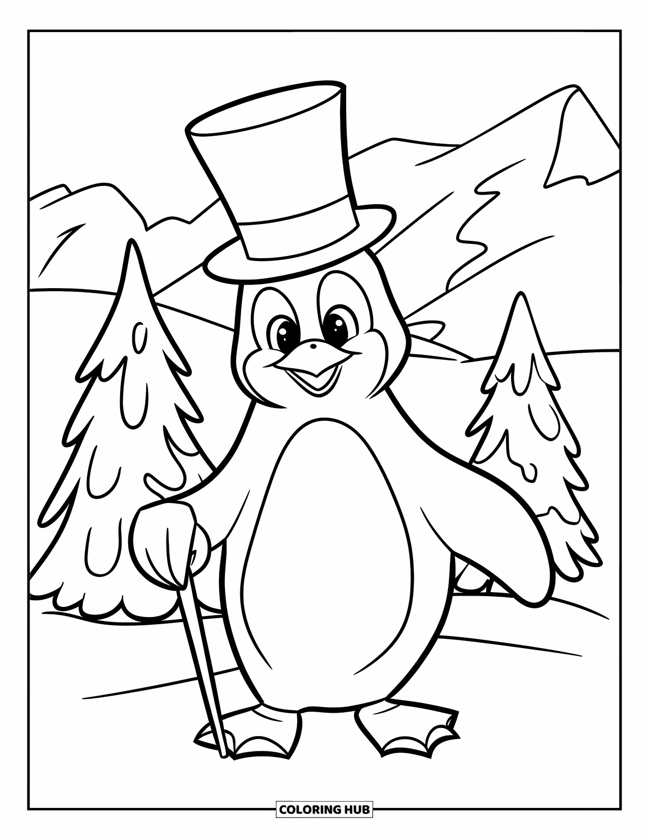 Winter Animal Coloring Page for Kids: Penguin in top hat and cane stands by trees and snowy hills