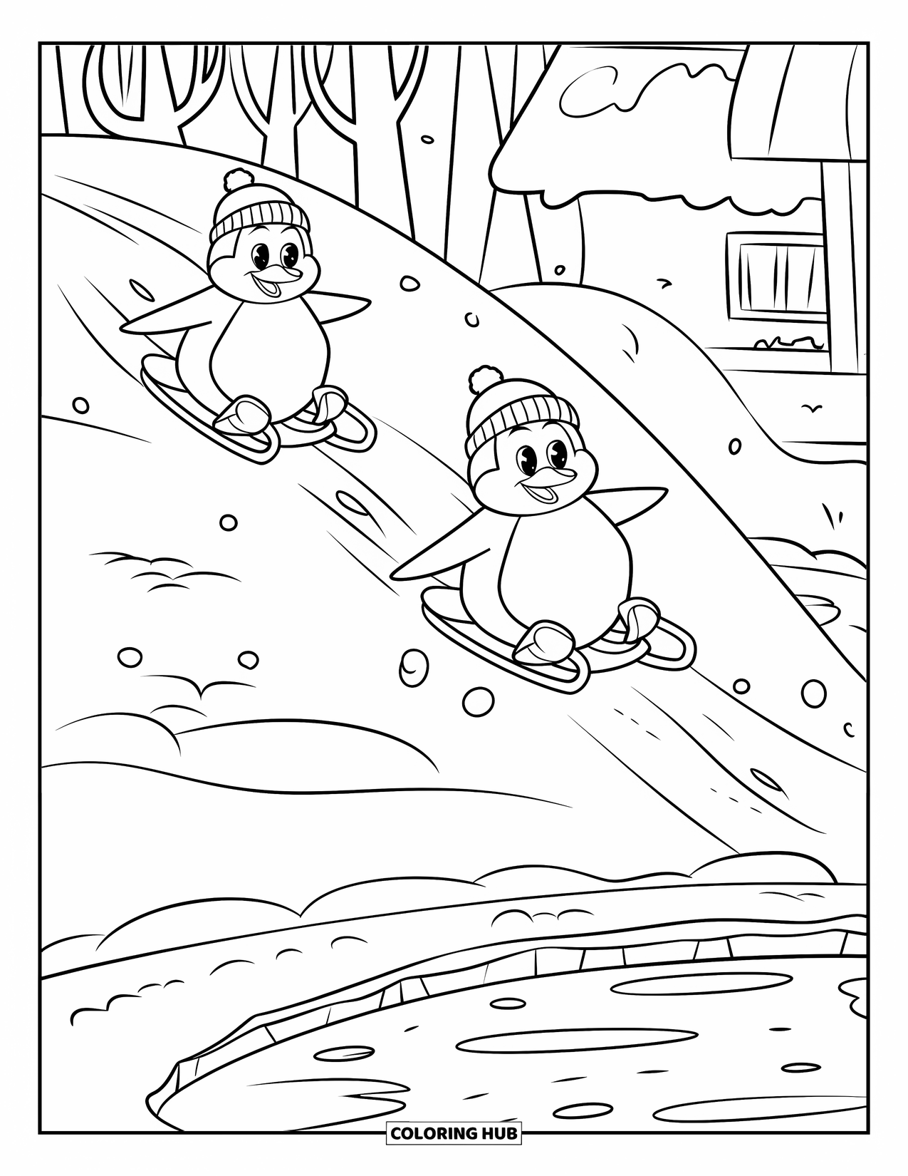 Winter Animal Coloring Page for Kids: Penguins wearing hats slide down a hill with big smiles