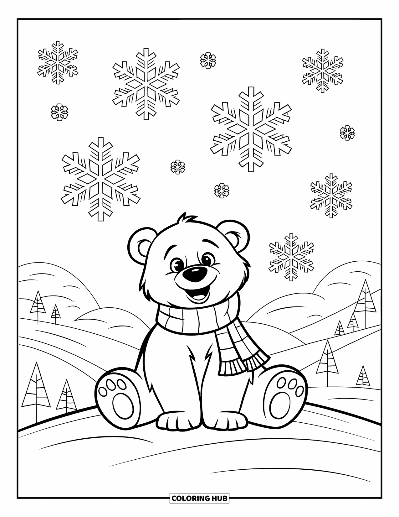 Winter Animal Coloring Page for Kids: Polar bear in scarf sits on snowy hill surrounded by trees