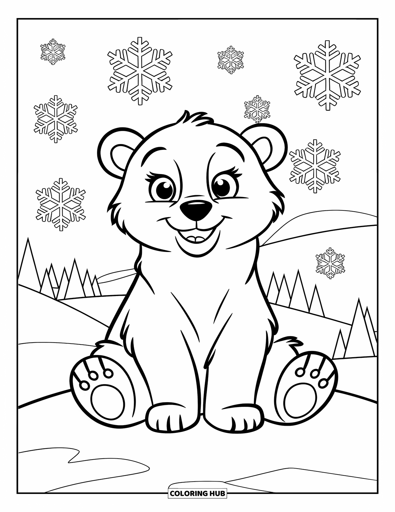 Winter Animal Coloring Page for Kids: Polar bear sits on snowy hill as big snowflakes fall around