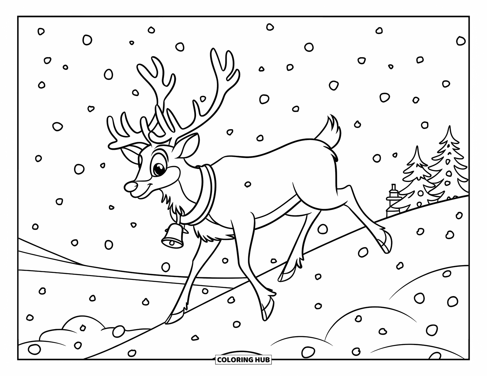 Winter Animal Coloring Page for Kids: Reindeer with a bell walks up a snowy hill past trees and a building