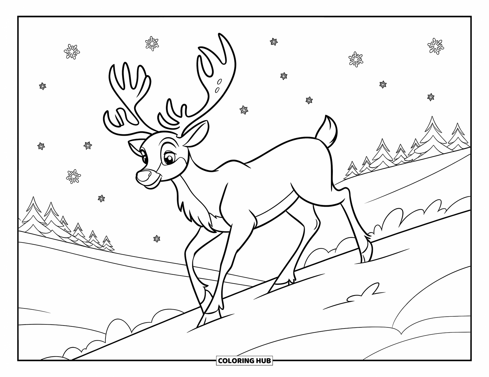 Winter Animal Coloring Page for Kids: Reindeer with a red nose walks up a snowy hill through the forest