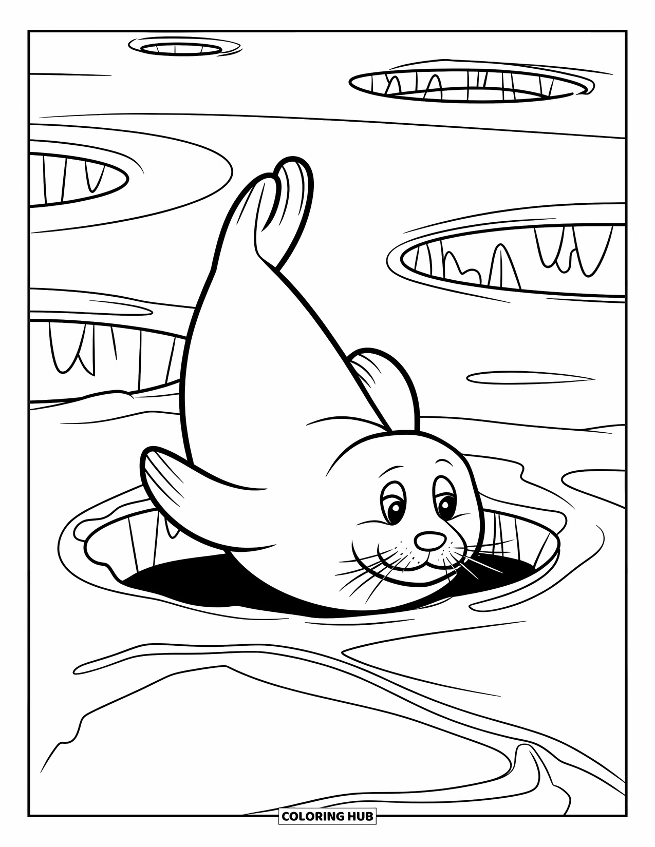 Winter Animal Coloring Page for Kids: Seal dives into icy water surrounded by snowy holes and trees