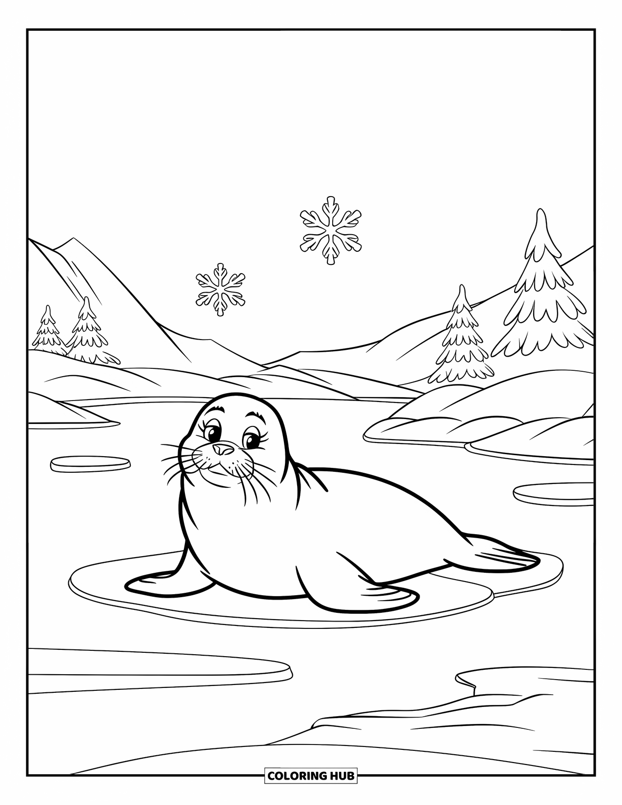 Winter Animal Coloring Page for Kids: Seal lies peacefully on icy lake with mountains and snowy trees