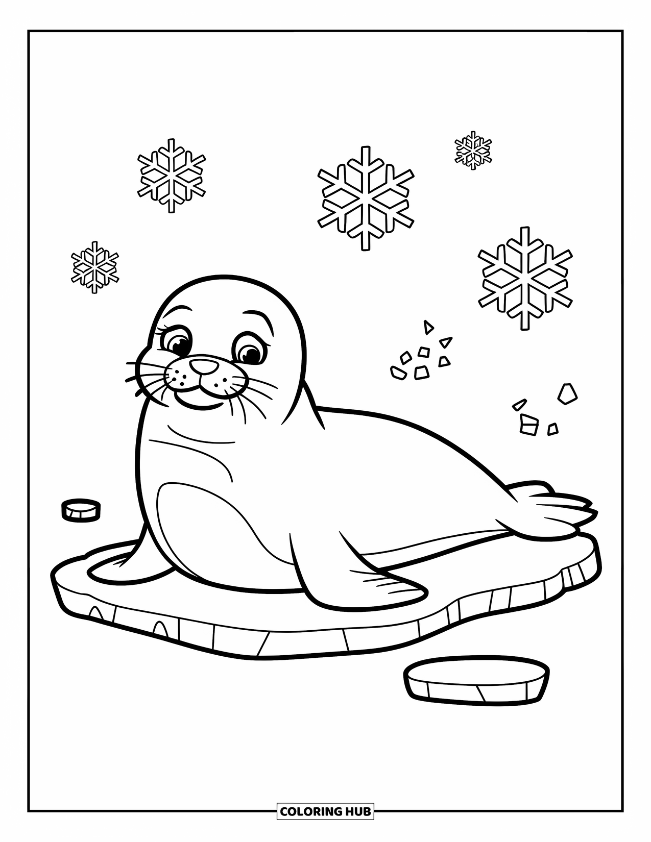 Winter Animal Coloring Page for Kids: Seal rests on ice under snowflakes with mountains behind