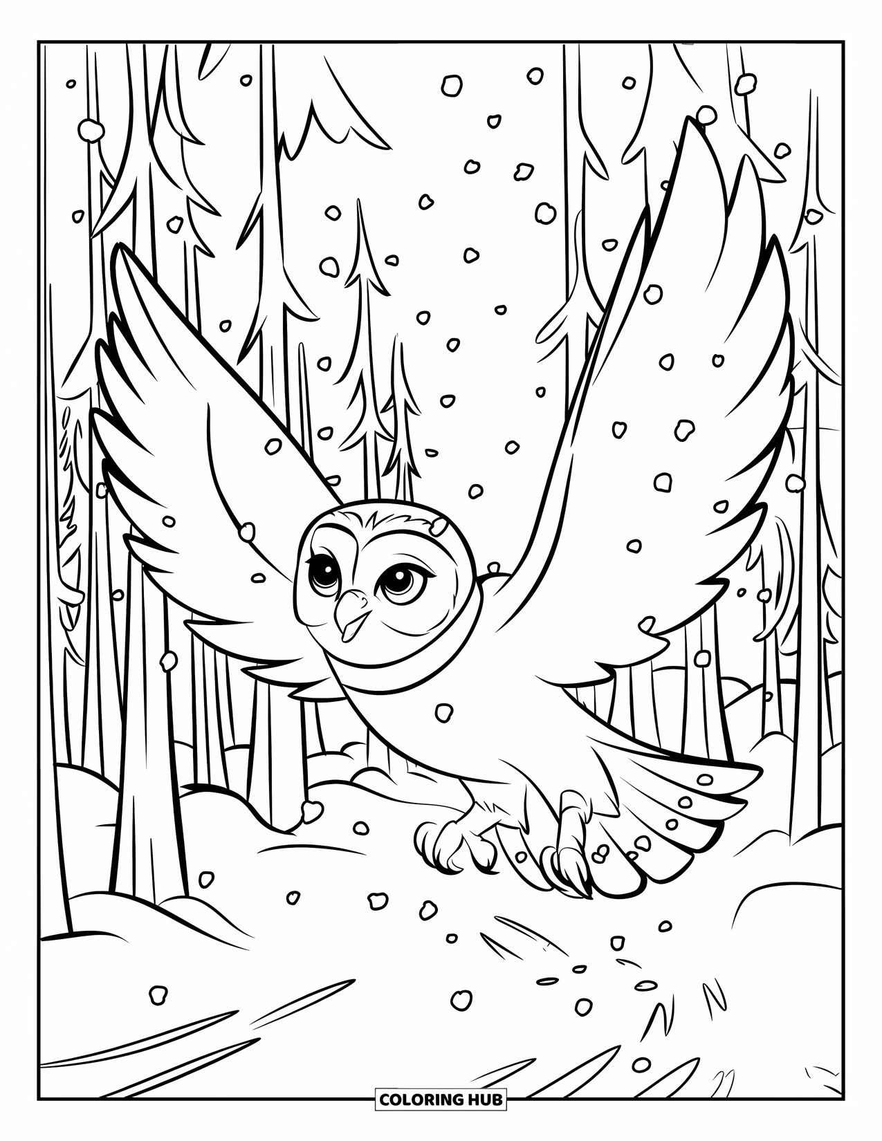 Winter Animal Coloring Page for Kids: Snowy owl flies above a winter forest as snowflakes fall