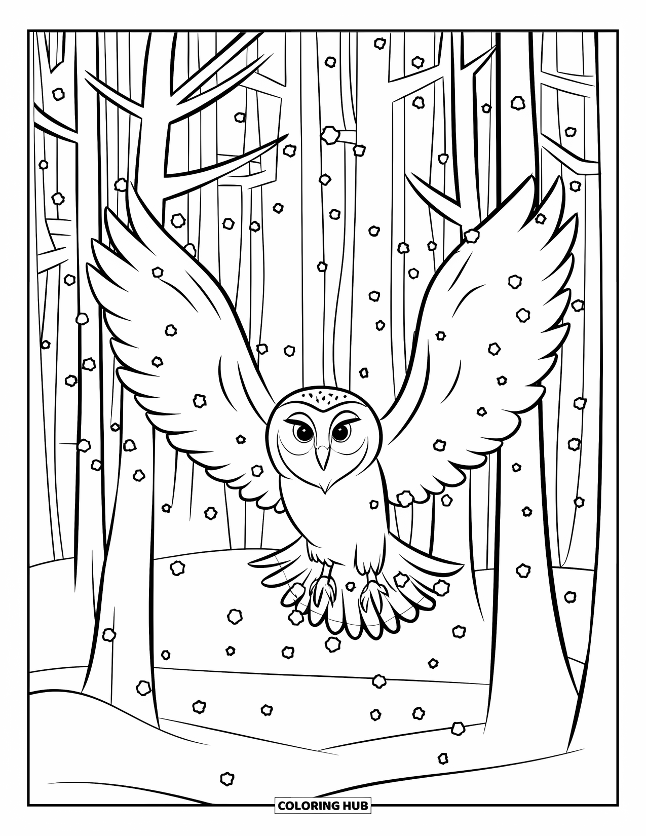 Winter Animal Coloring Page for Kids: Snowy owl glides over a snowy forest filled with tall trees