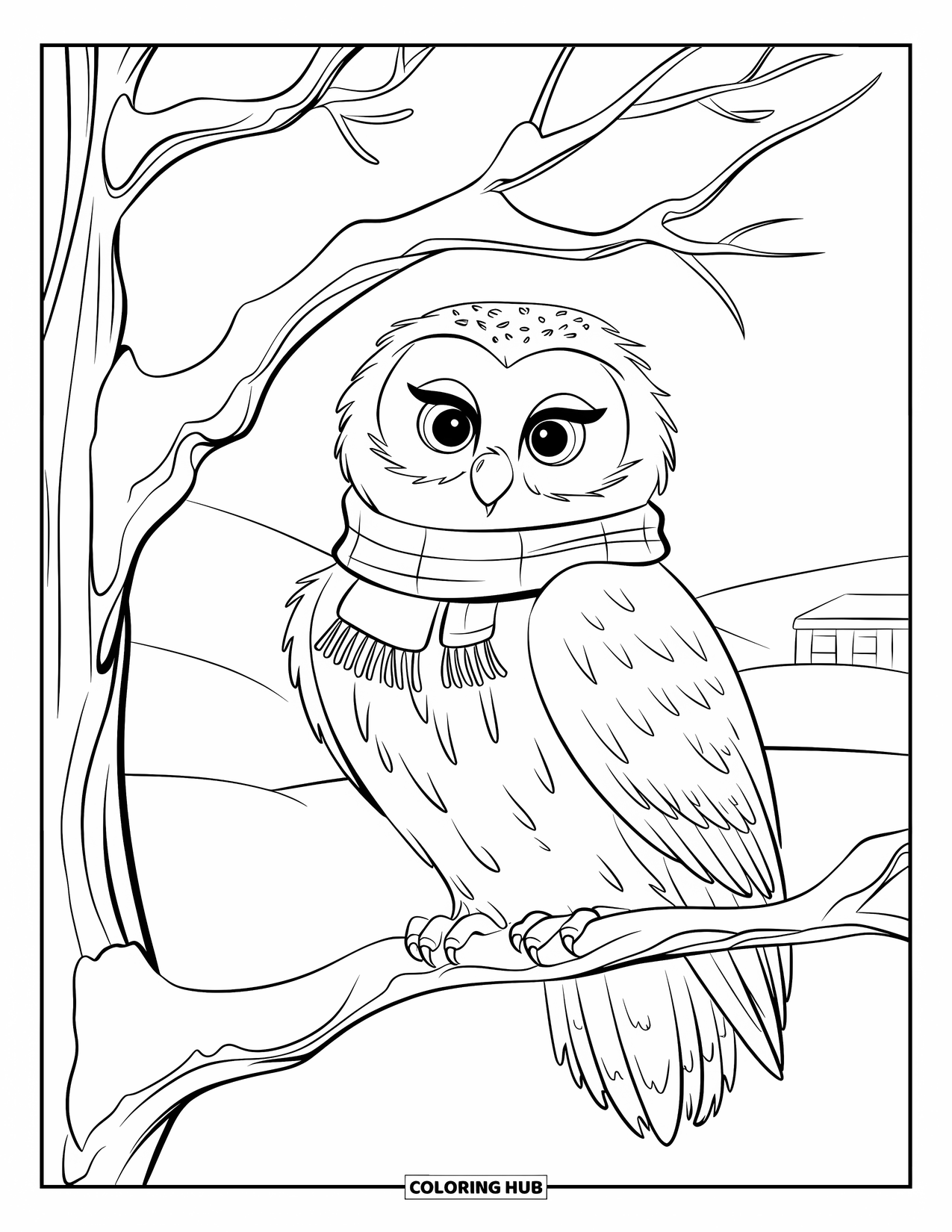 Winter Animal Coloring Page for Kids: Snowy owl in scarf perches on winter branch near hills and a building